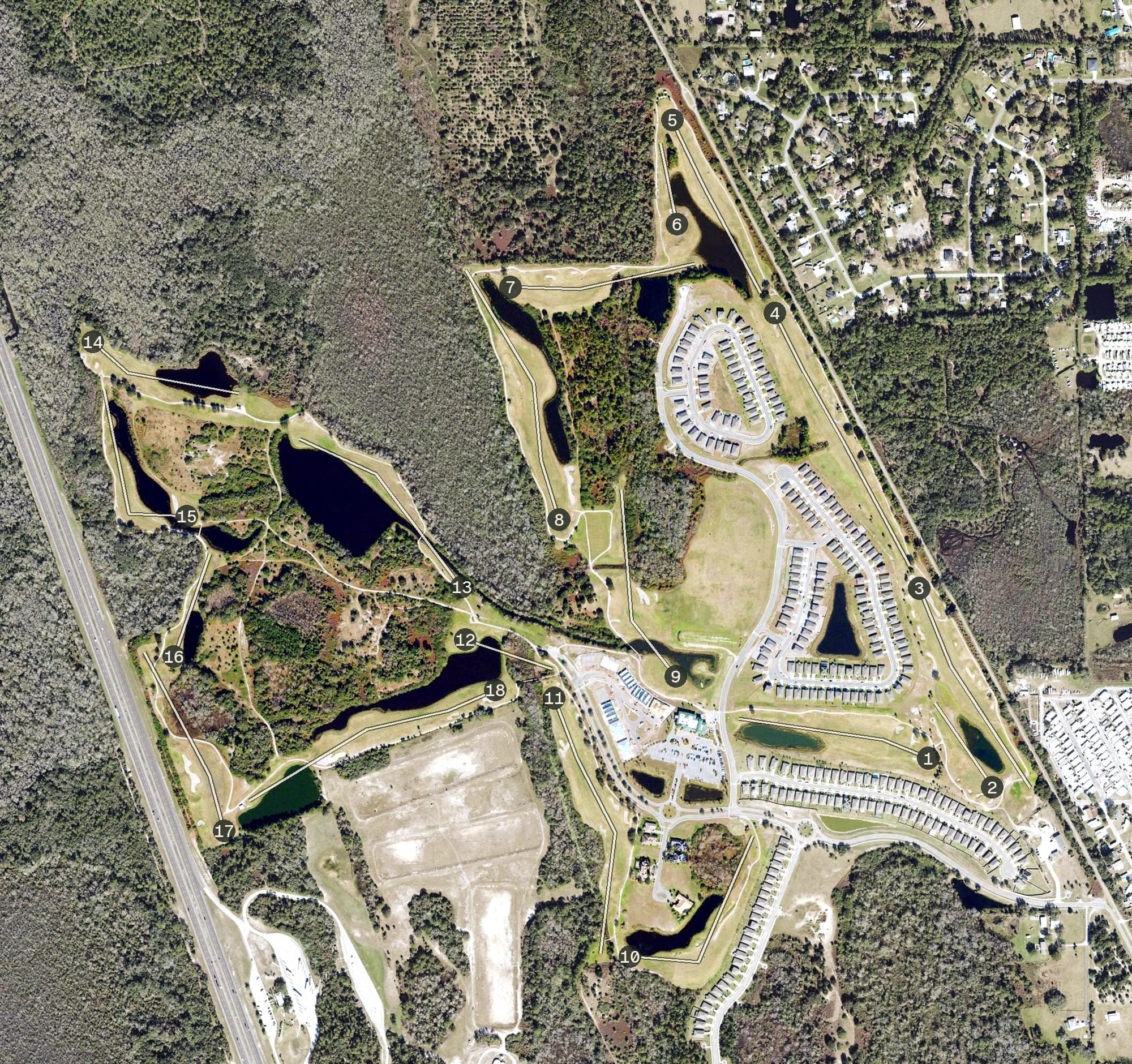 Aerial view of Indian River Preserve Golf Club, FL, with its hole routing marked