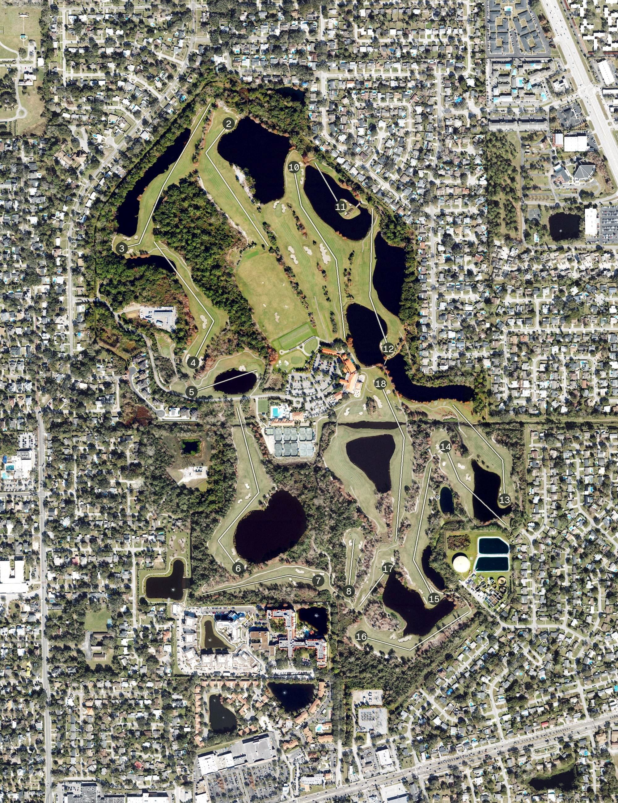 Aerial view of Interlachen Country Club, FL, with its hole routing marked