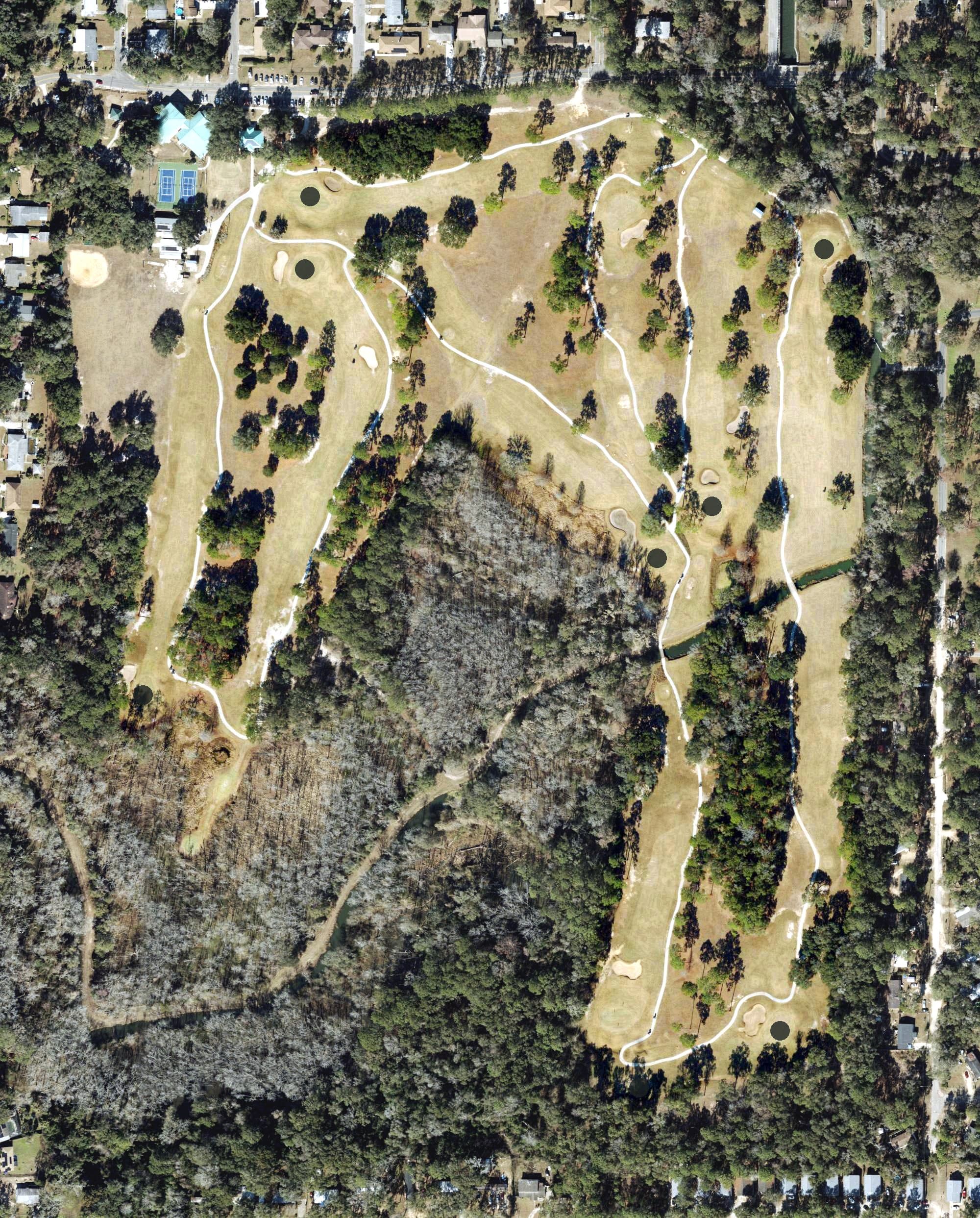 Aerial view of Jake Gaither Golf Course, FL, with its hole routing marked