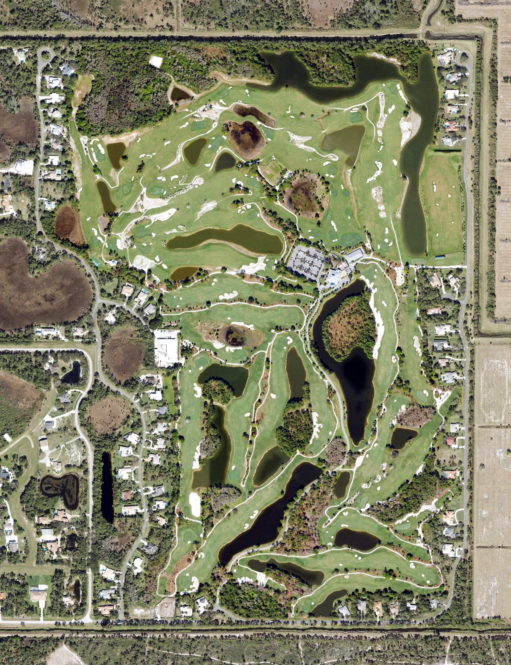 Aerial view of Jonathan's Landing Golf Club, FL, with its hole routing marked