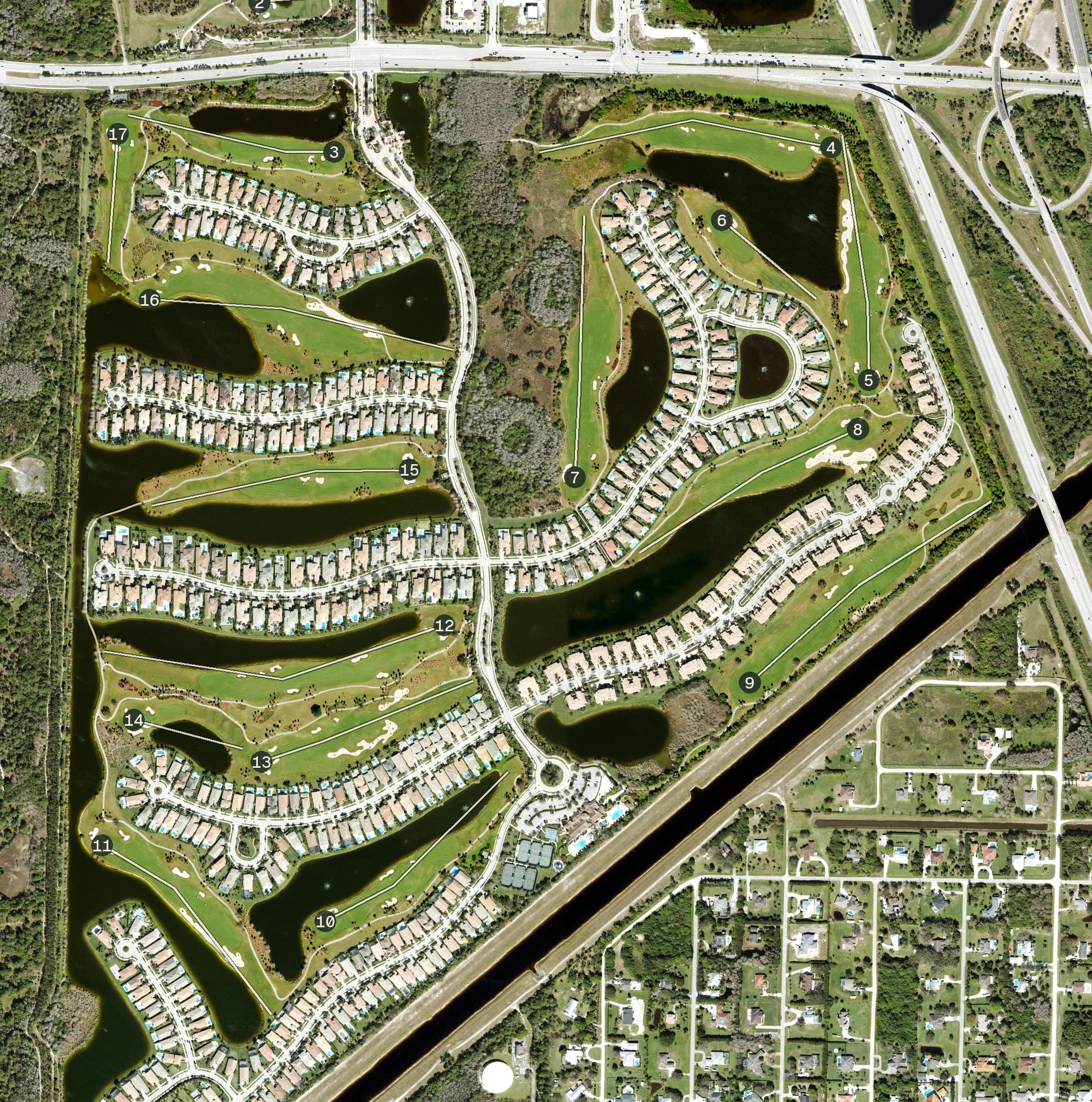 Aerial view of Jupiter Country Club, FL, with its hole routing marked