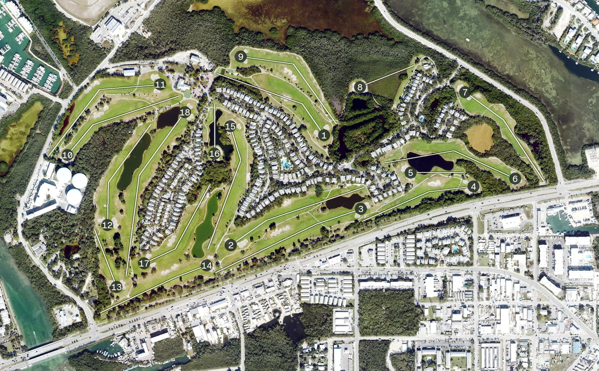 Aerial view of Key West City Golf Club, FL, with its hole routing marked