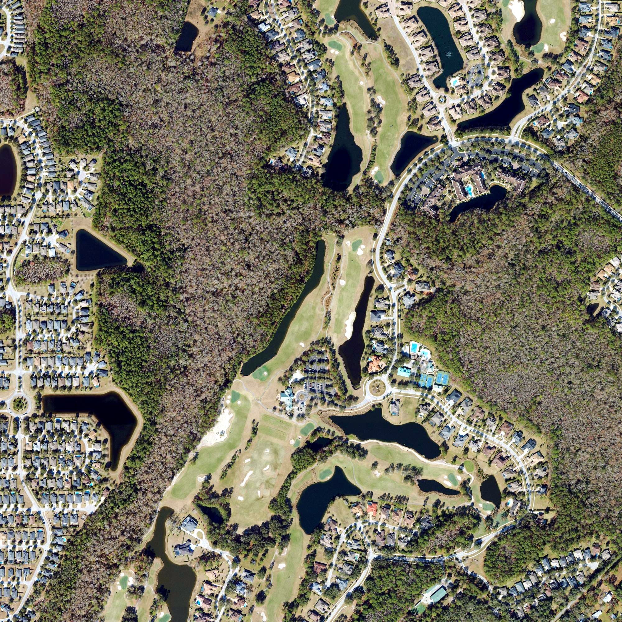 Aerial view of King and Bear Golf Course, FL, with its hole routing marked
