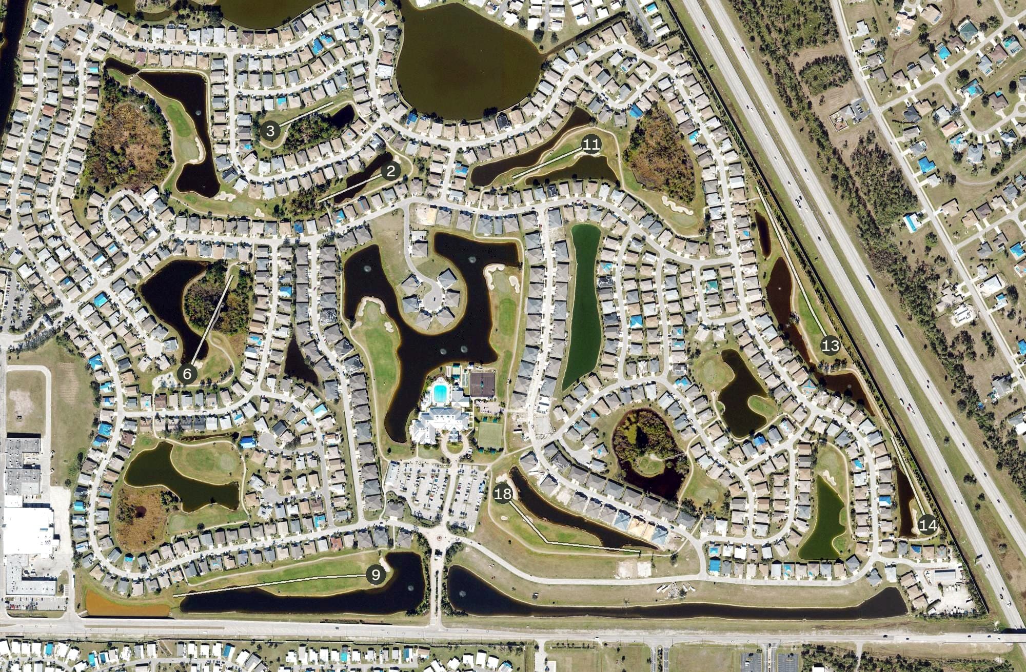Aerial view of Kings Gate Golf Club, FL, with its hole routing marked
