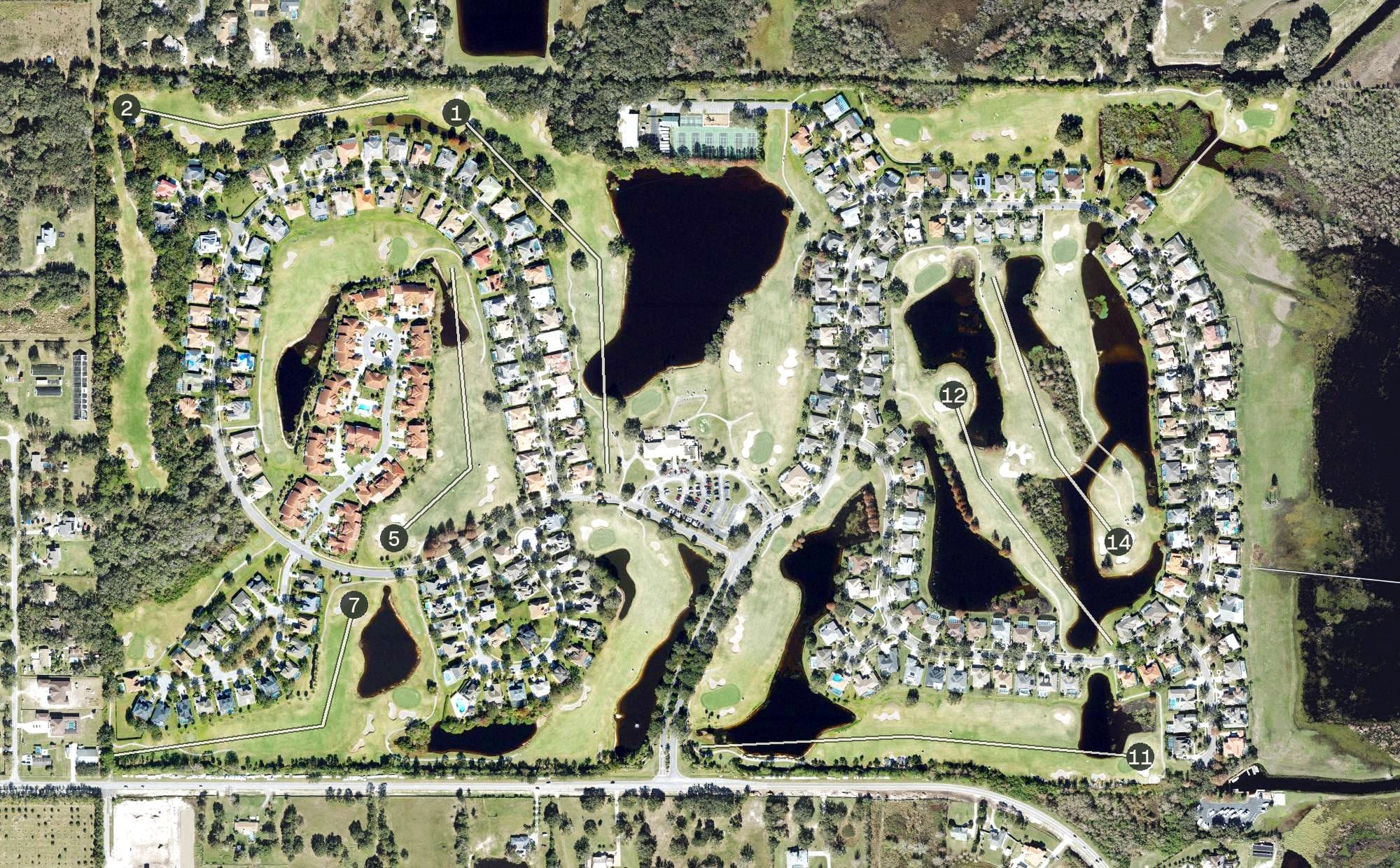Aerial view of Kissimmee Bay Country Club, FL, with its hole routing marked