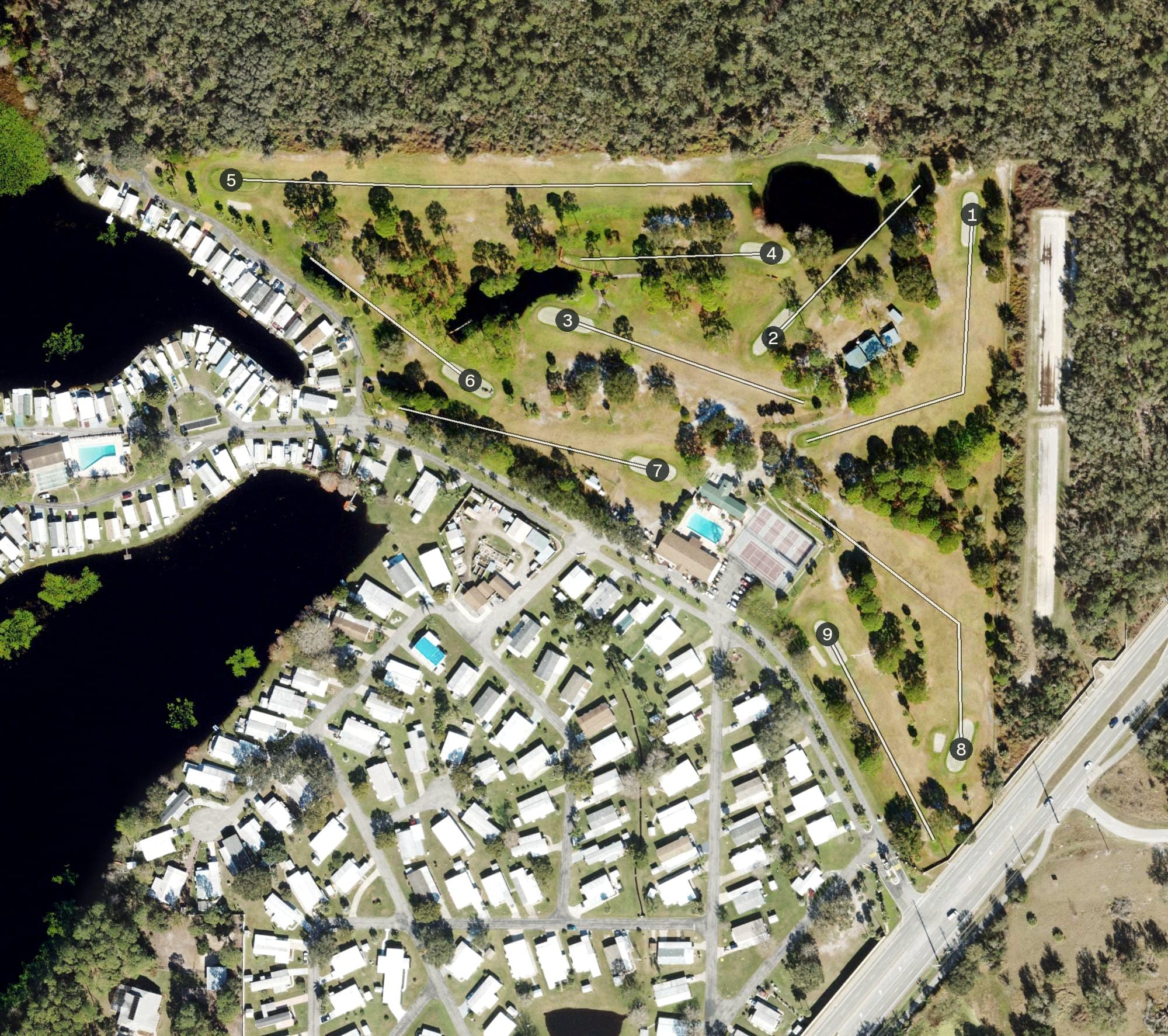 Aerial view of Kove Estates Golf Course, FL, with its hole routing marked