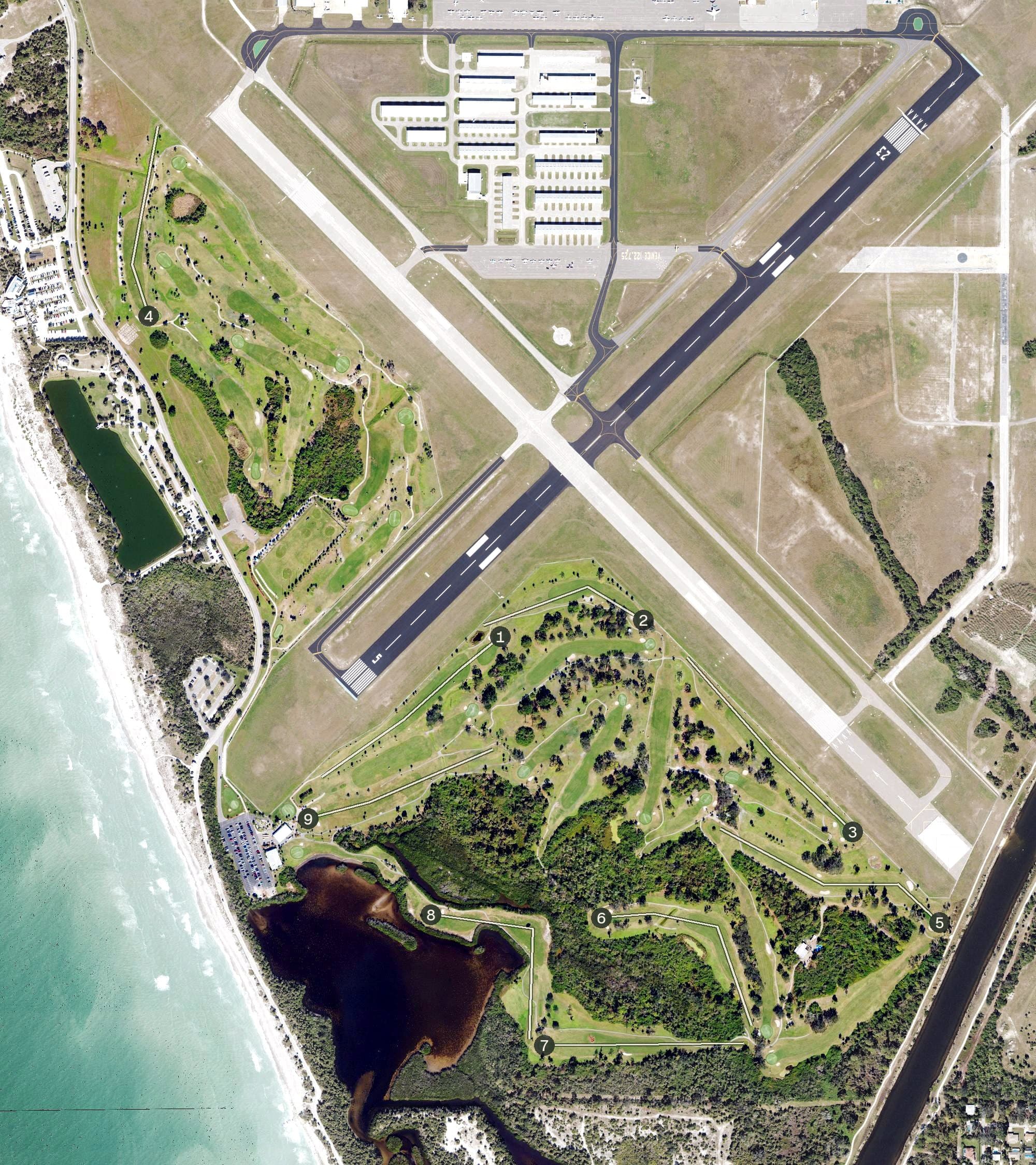 Aerial view of Lake Venice Golf Club, FL, with its hole routing marked