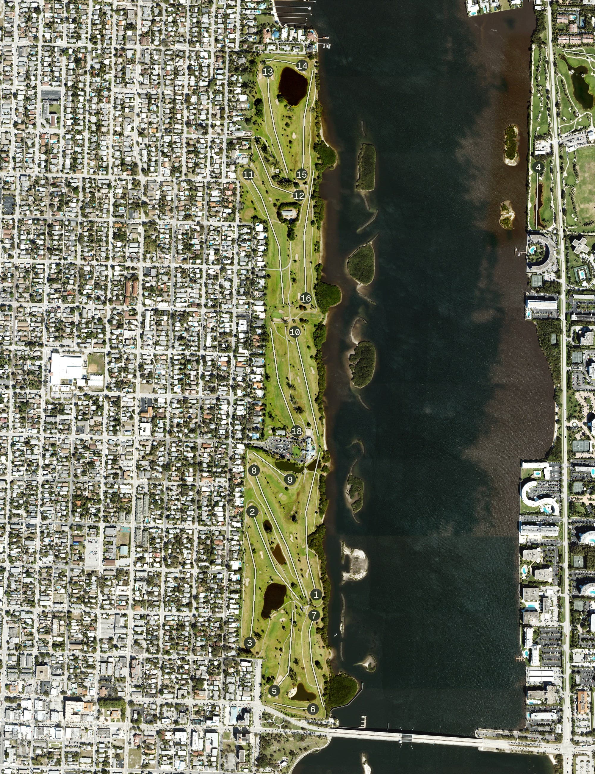 Aerial view of Lake Worth Municipal Golf Course, FL, with its hole routing marked
