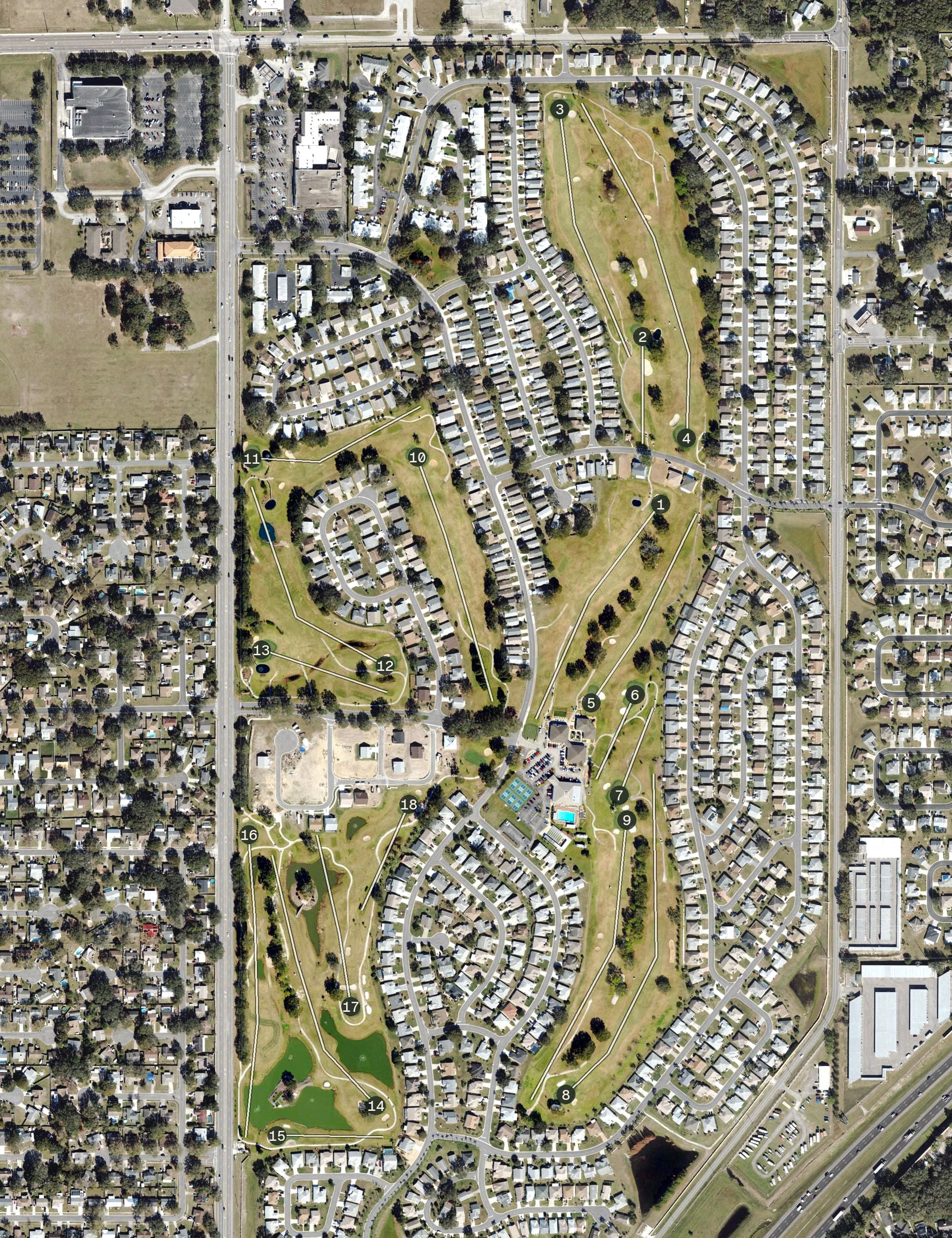 Aerial view of Links of Sandpiper, FL, with its hole routing marked
