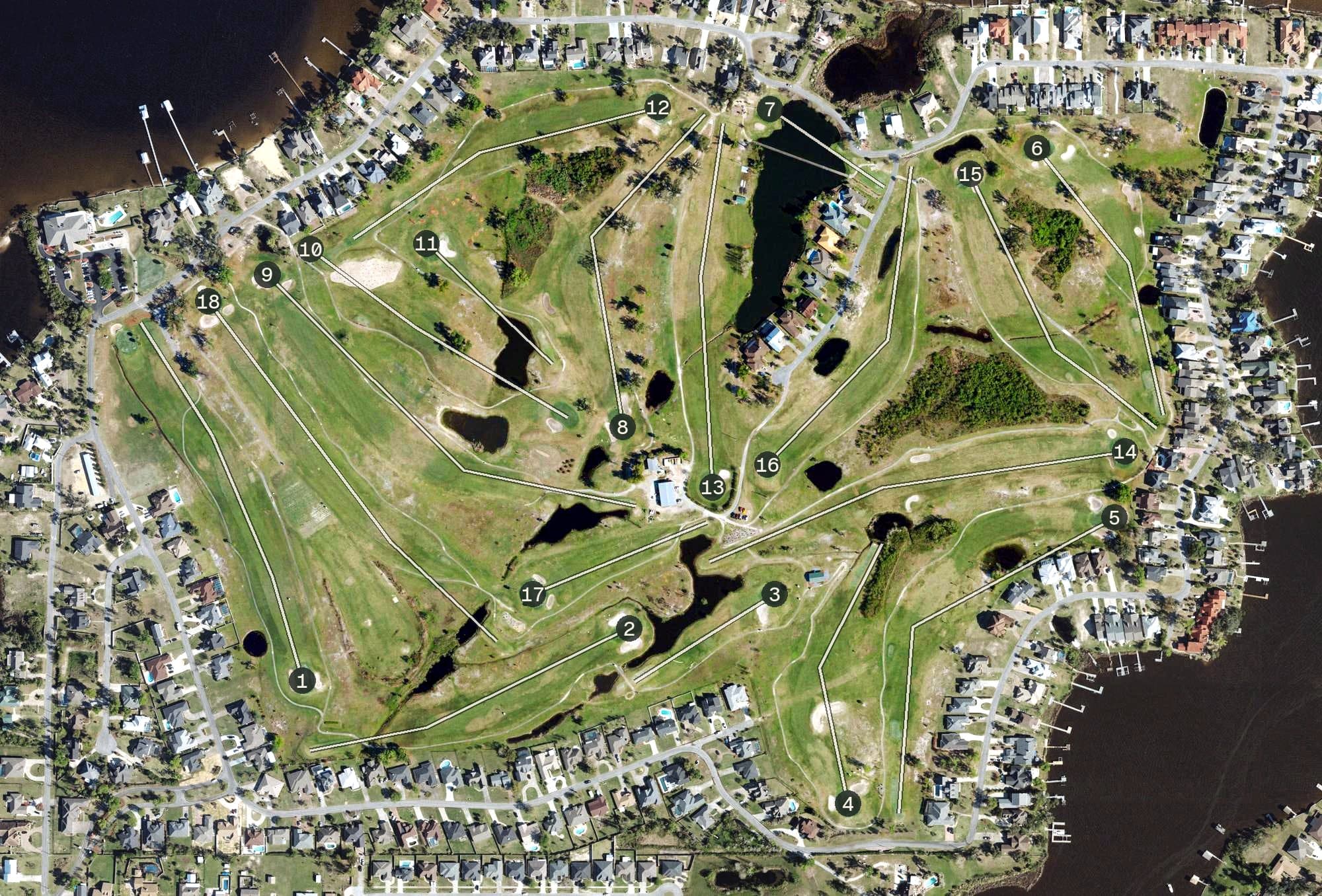 Aerial view of Lynn Haven Golf Course, FL, with its hole routing marked