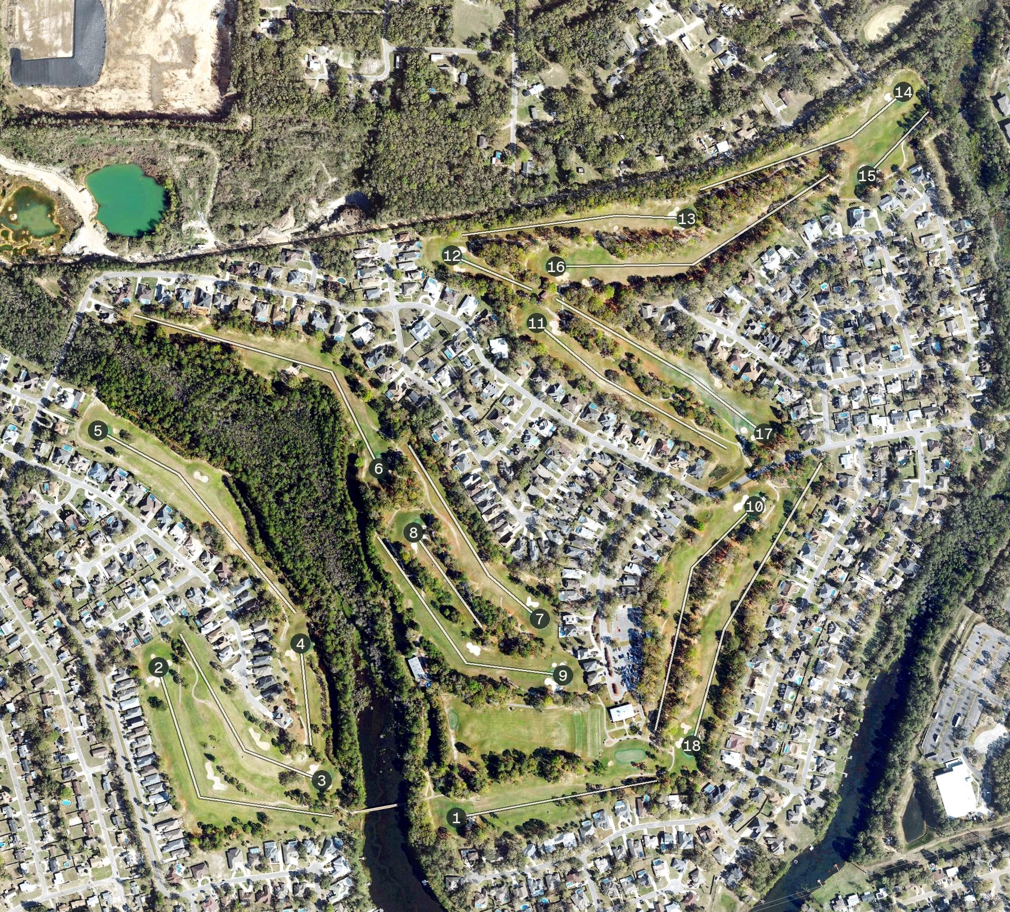 Aerial view of Marcus Pointe Golf Club, FL, with its hole routing marked