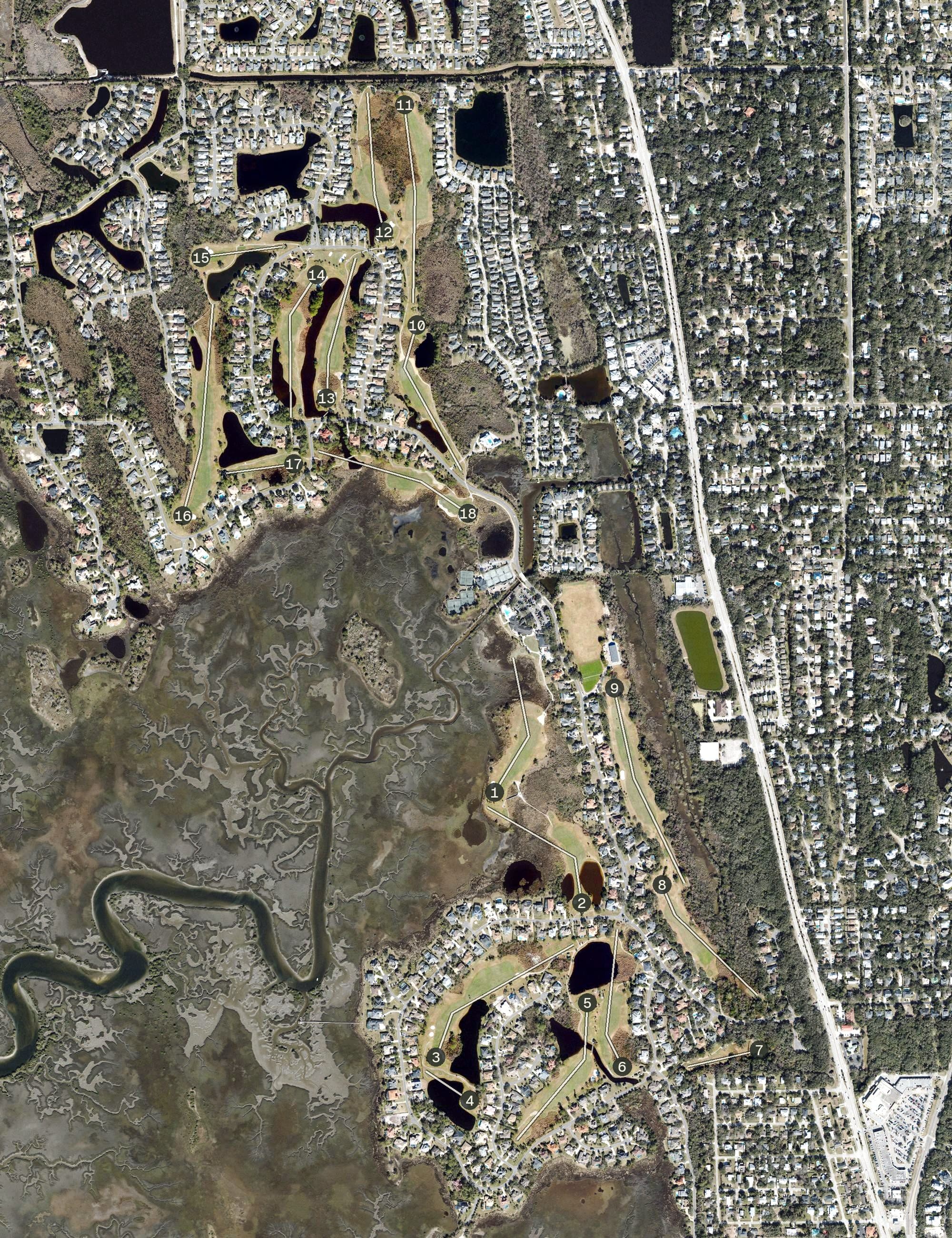 Aerial view of Marsh Creek Country Club, FL, with its hole routing marked