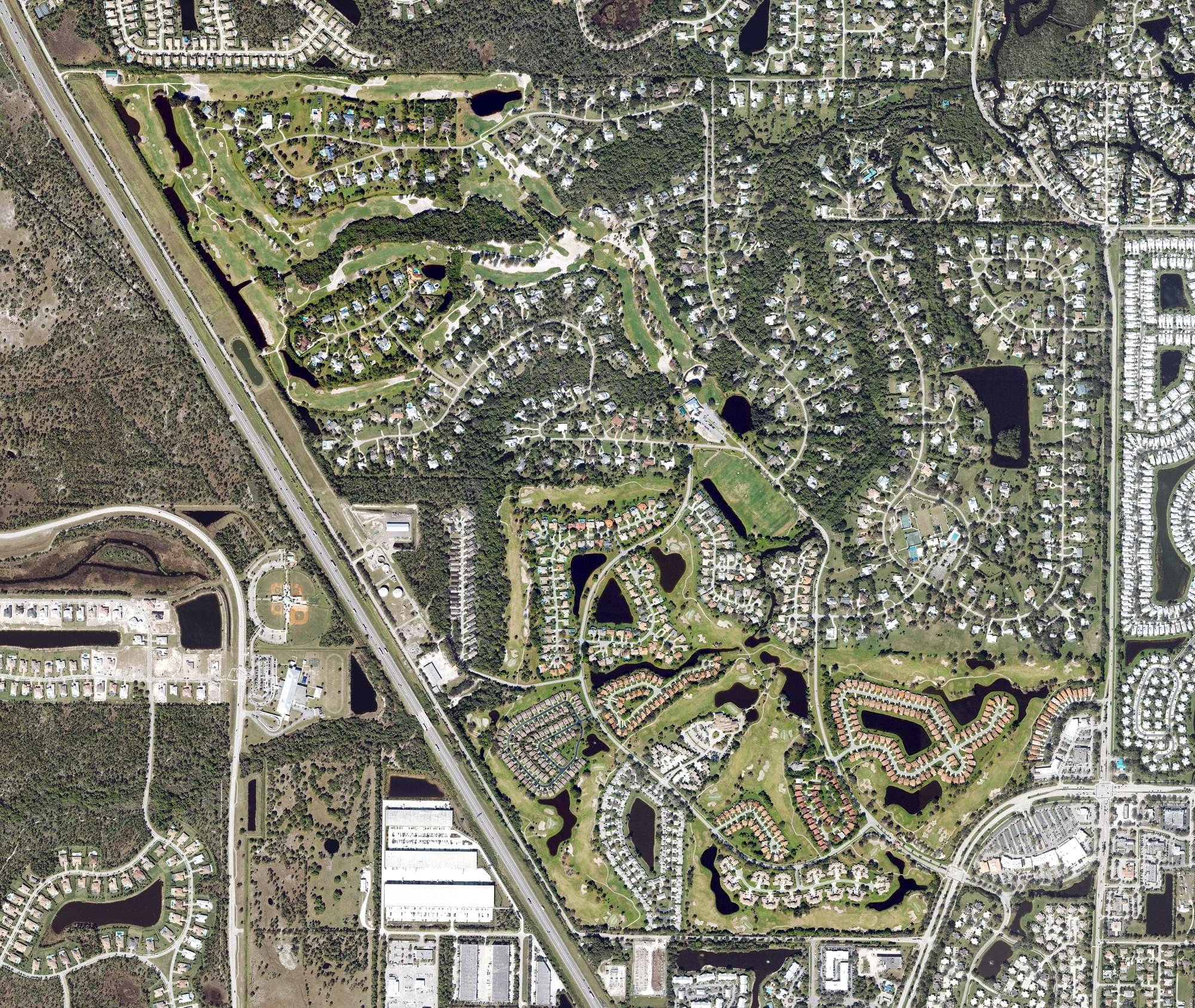 Aerial view of Martin Downs Country Club, FL, with its hole routing marked