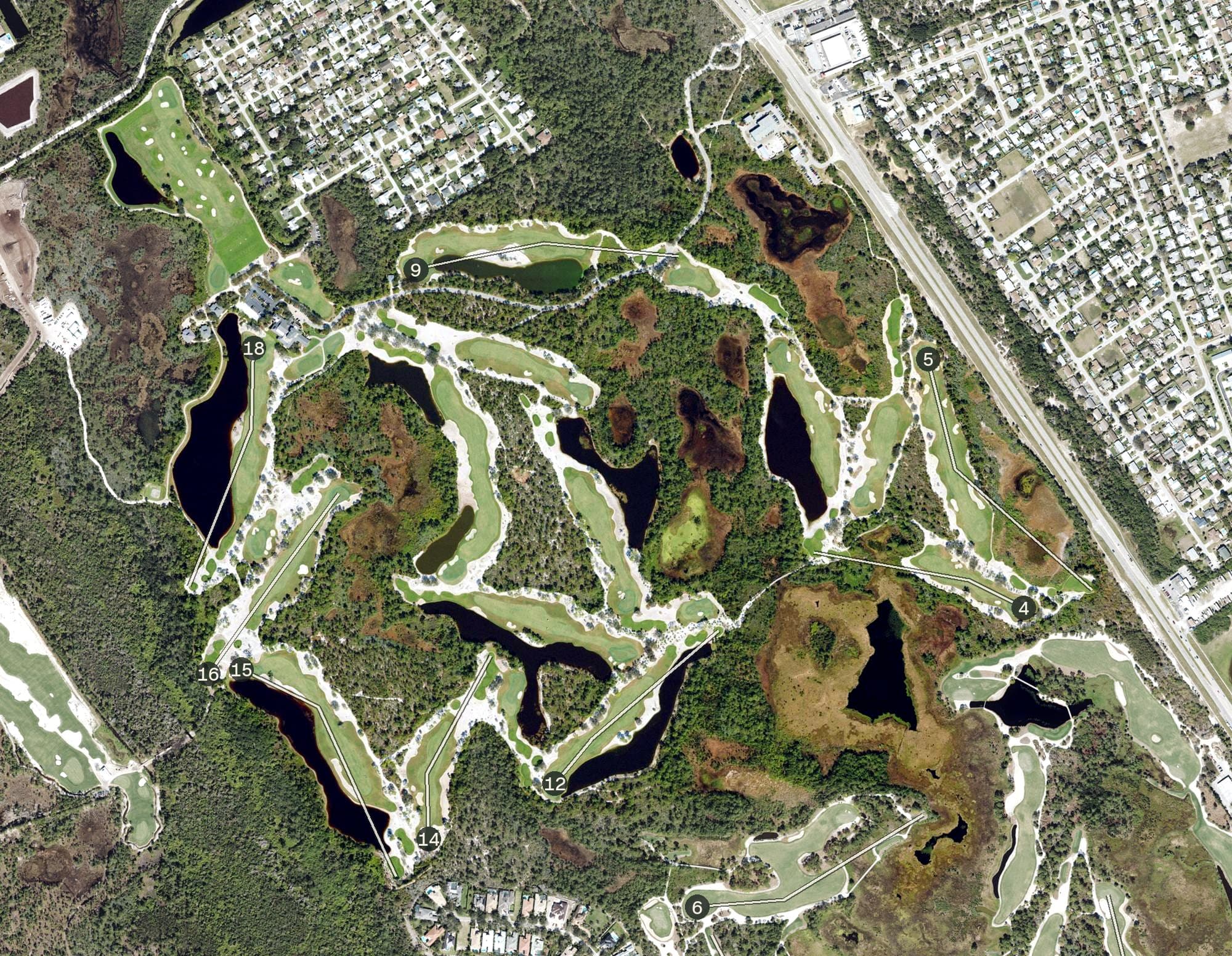 Aerial view of McArthur Golf Club, FL, with its hole routing marked