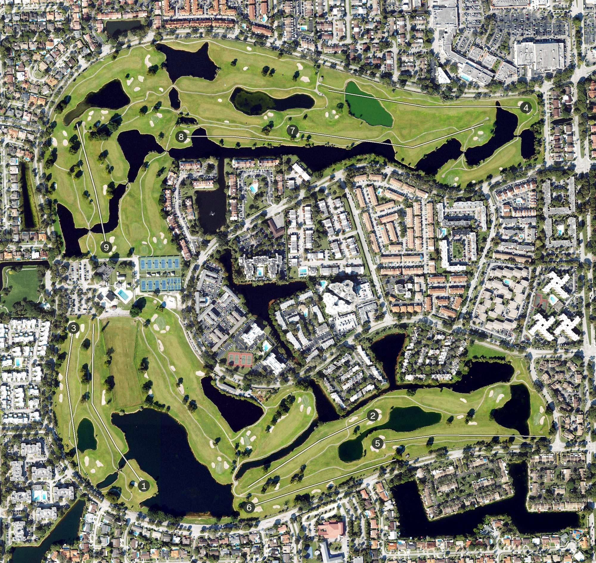 Aerial view of Miccosukee Golf & Country Club, FL, with its hole routing marked