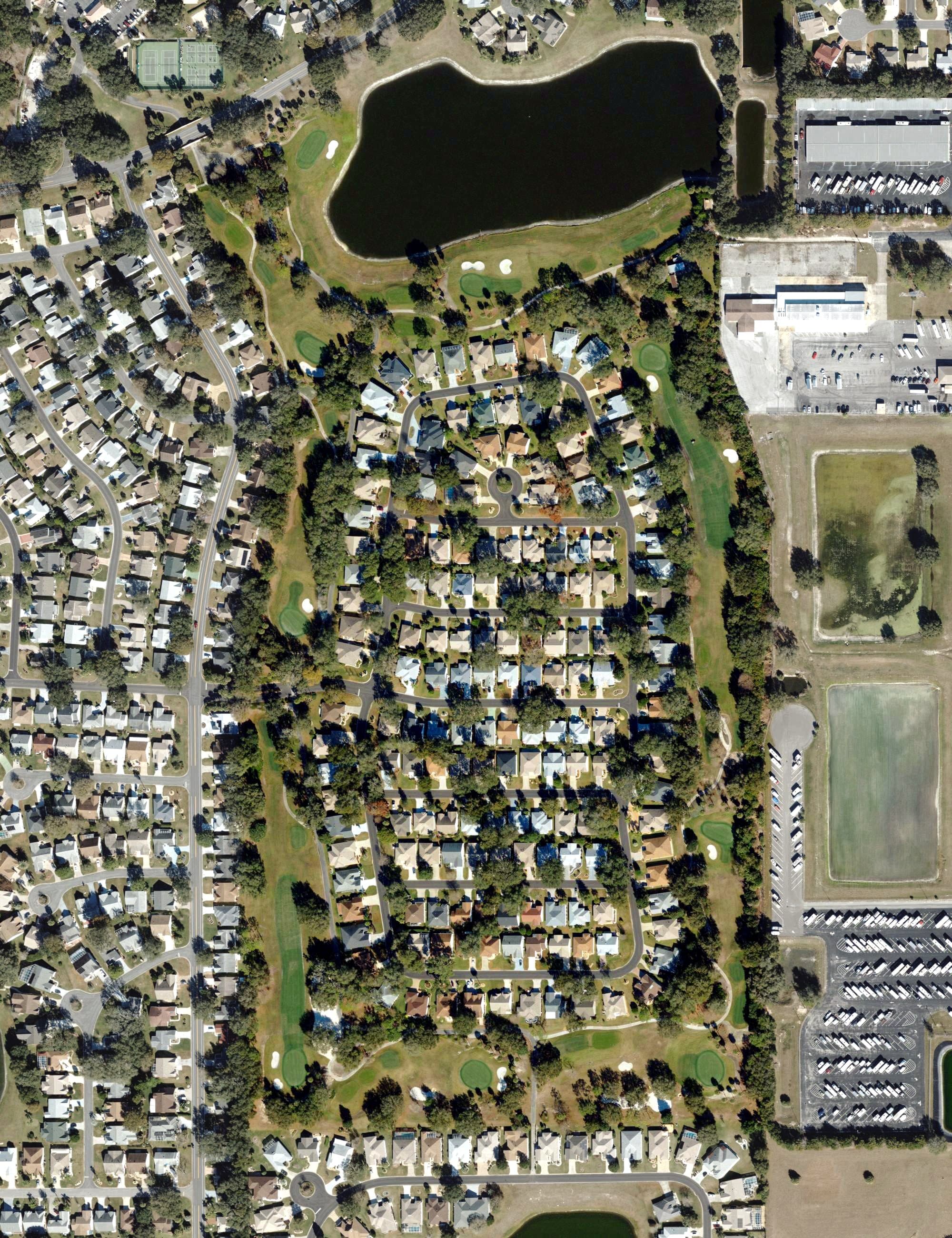 Aerial view of Mira Mesa Course (The Villages), FL, with its hole routing marked