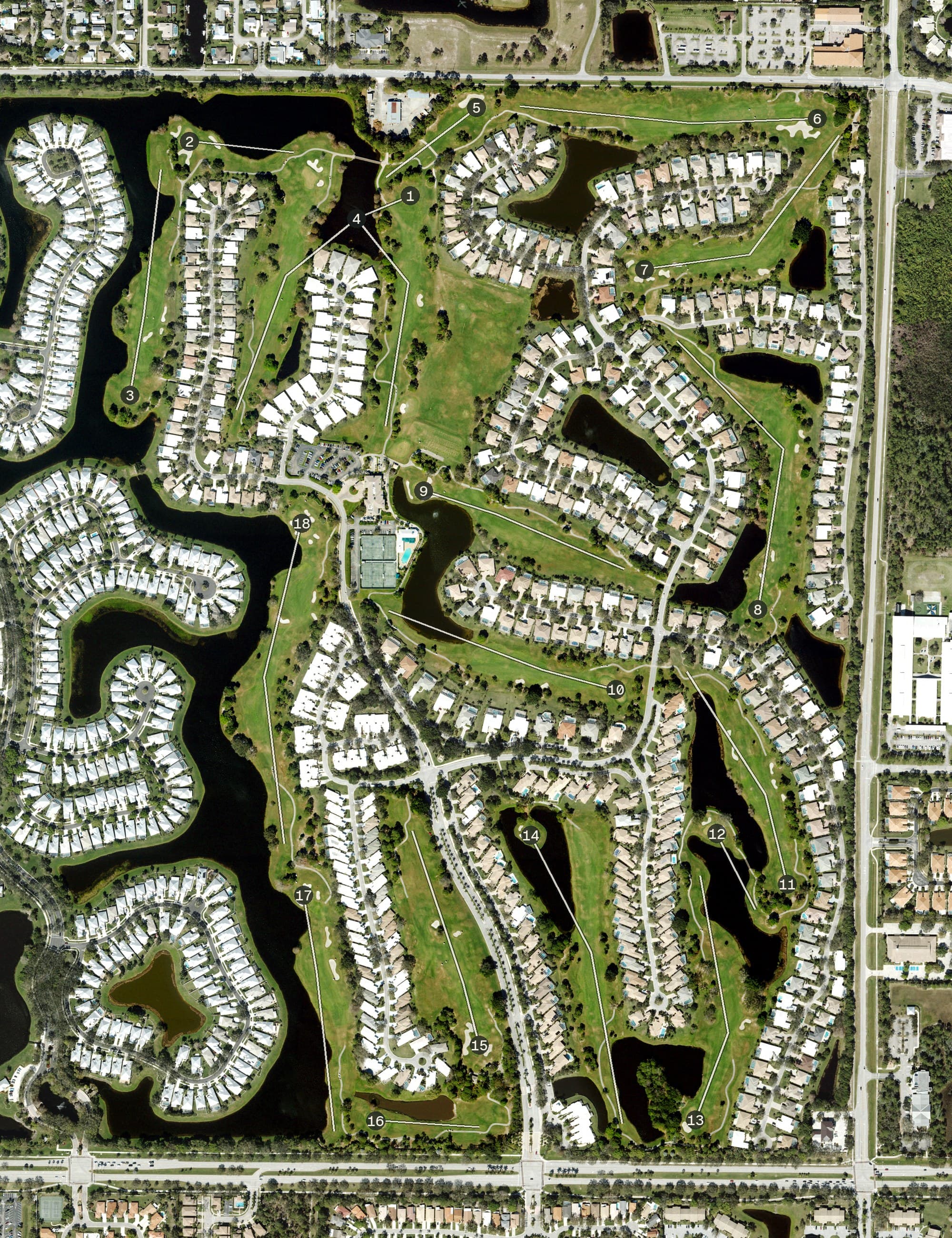Aerial view of Monarch Country Club, FL, with its hole routing marked