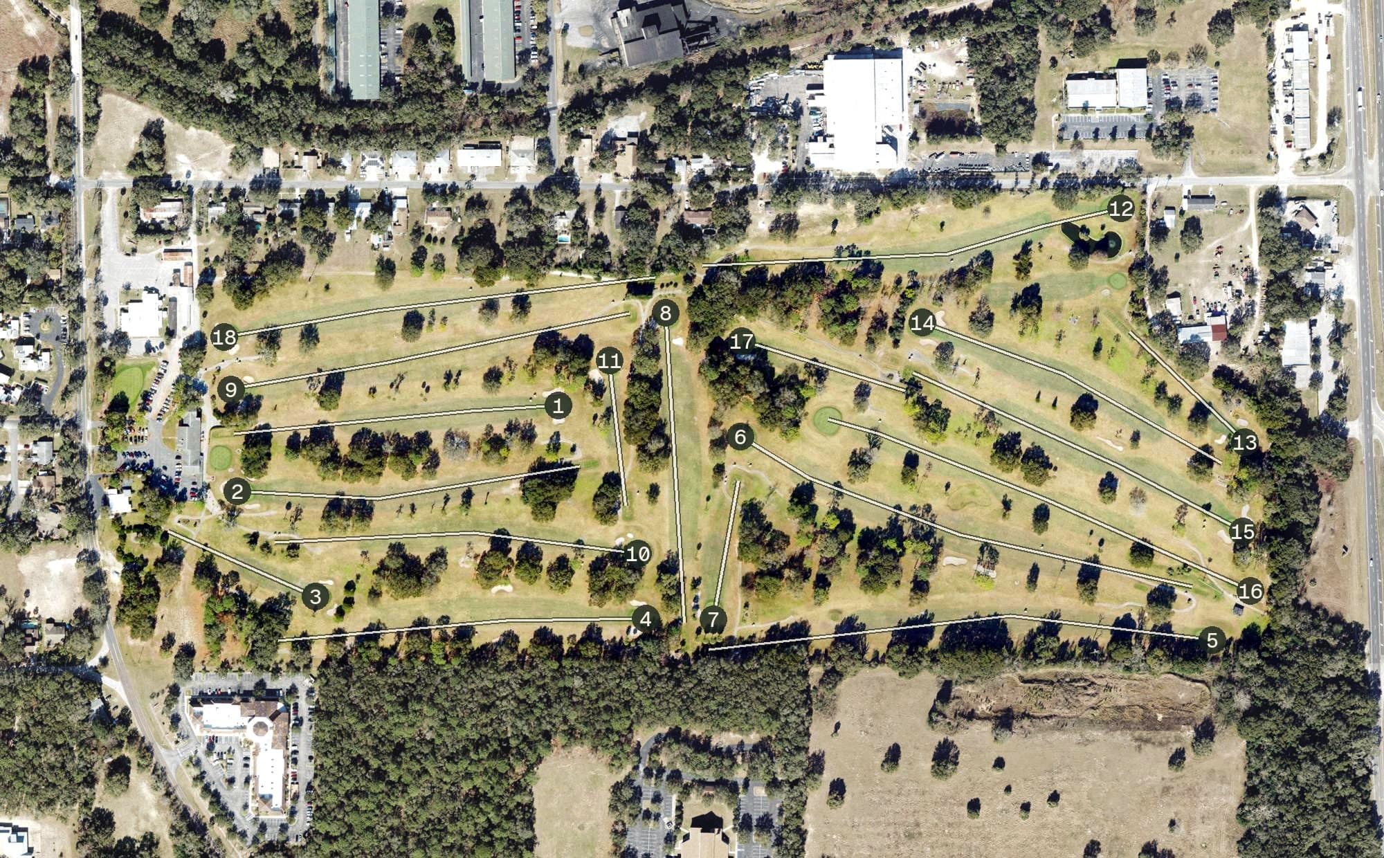 Aerial view of Mount Dora Golf Club, FL, with its hole routing marked