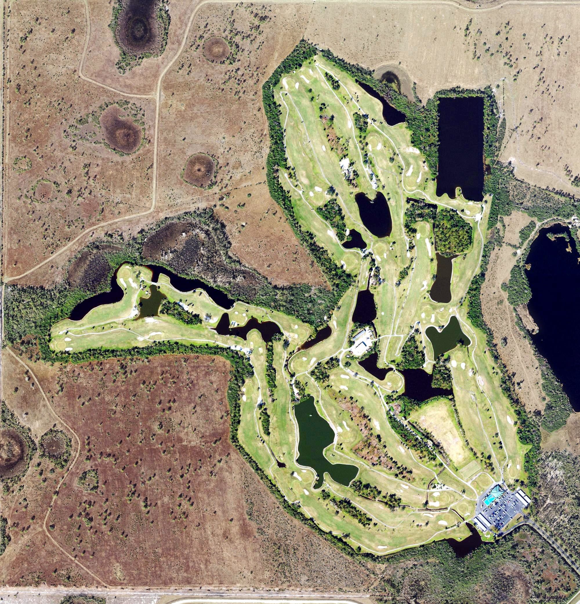 Aerial view of Myakka Pines Golf Course, FL, with its hole routing marked