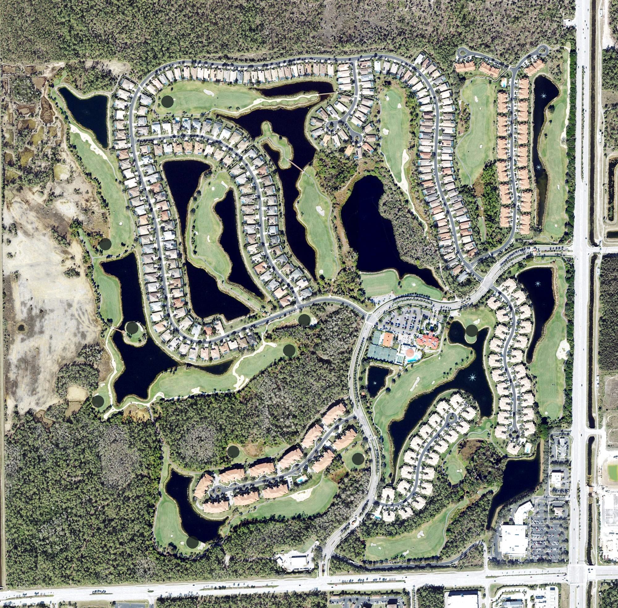 Aerial view of Naples Lakes Country Club, FL, with its hole routing marked