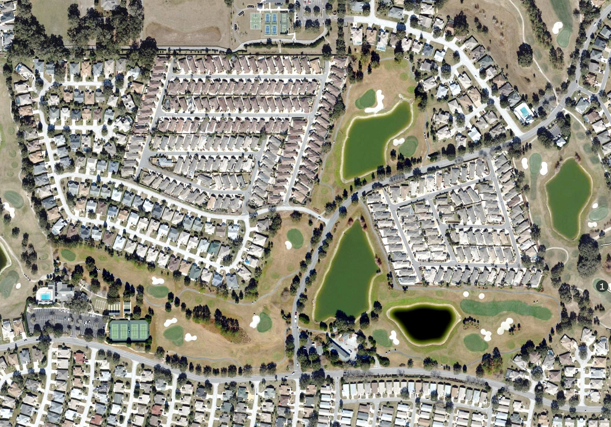 Aerial view of Oakleigh Golf Course (The Villages), FL, with its hole routing marked
