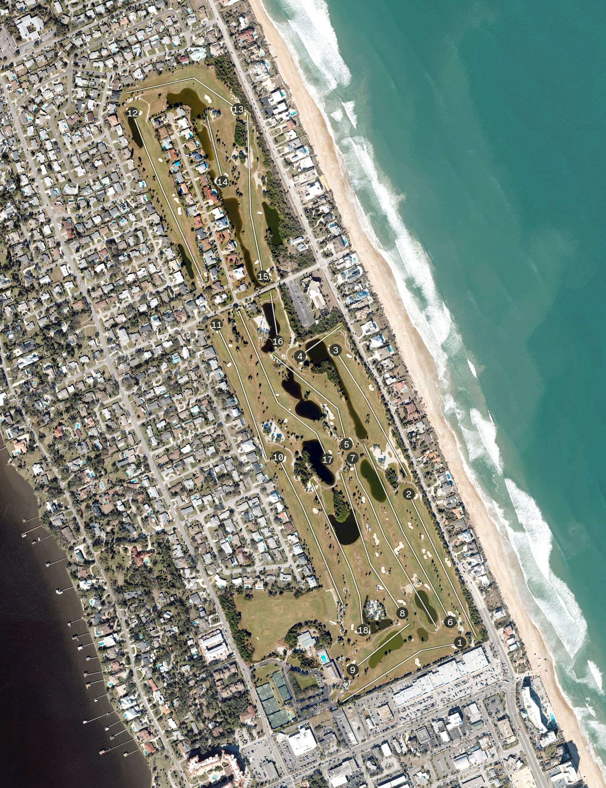 Aerial view of Oceanside Country Club, FL, with its hole routing marked