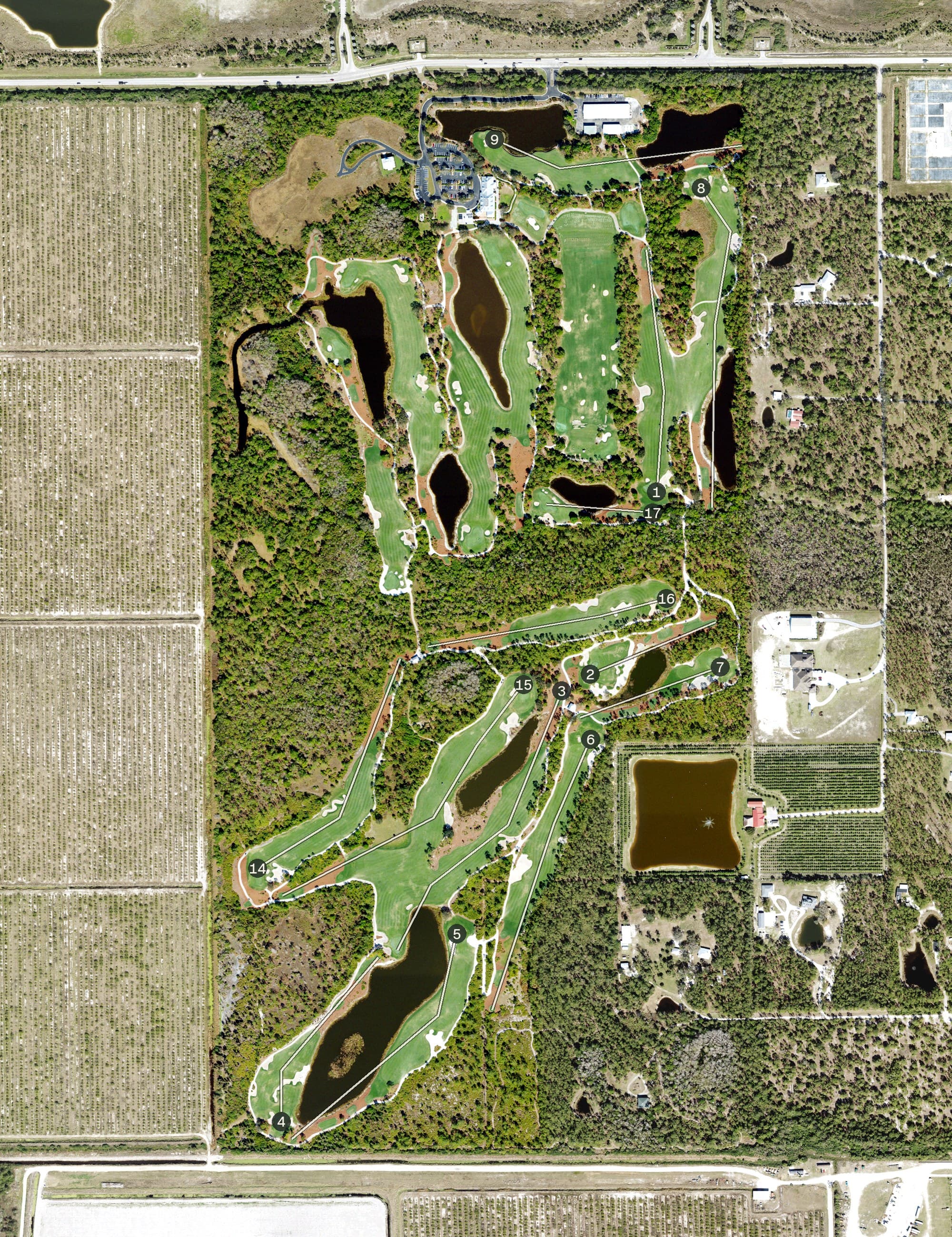 Aerial view of Old Corkscrew Golf Club, FL, with its hole routing marked