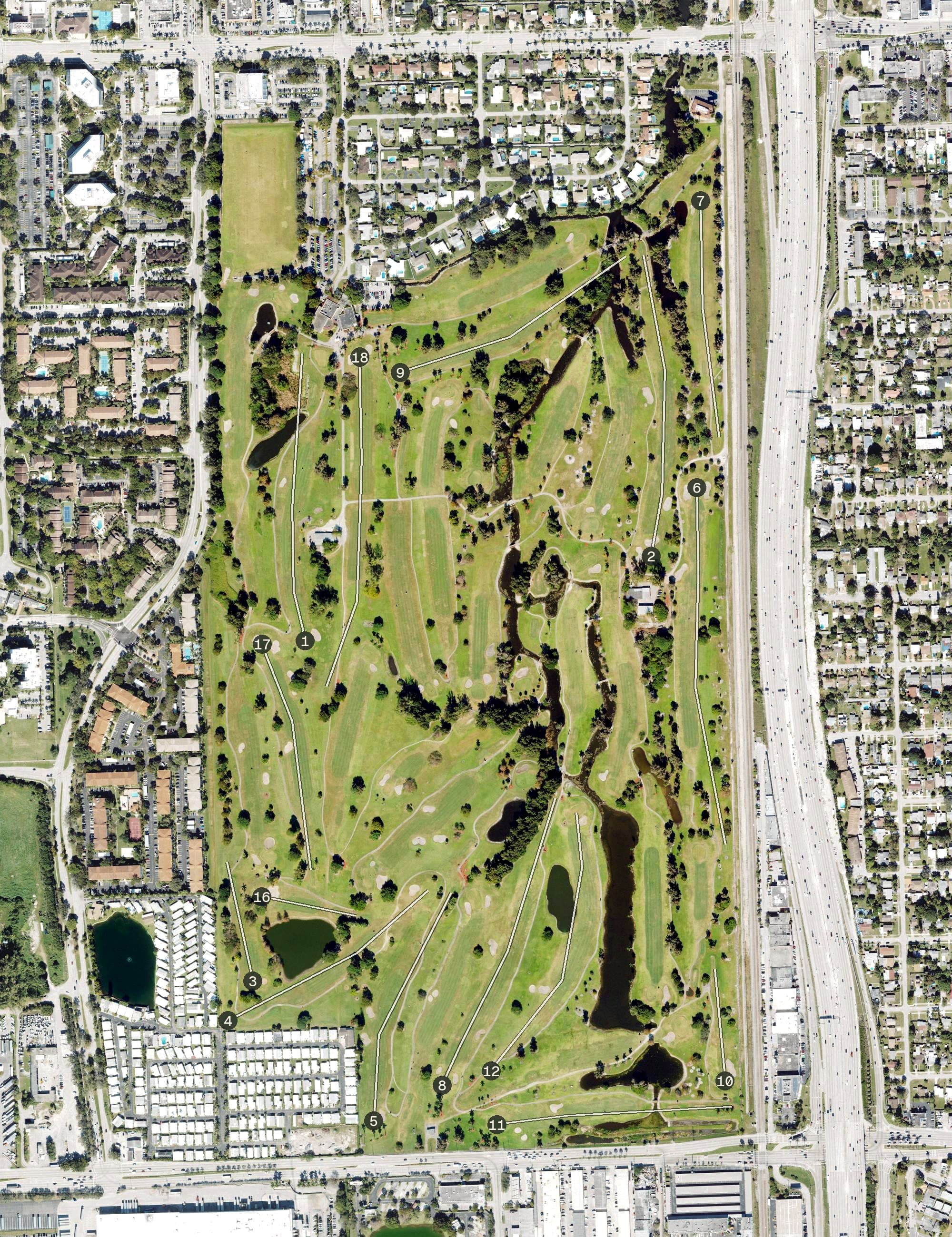 Aerial view of Orangebrook Golf & Country Club, FL, with its hole routing marked