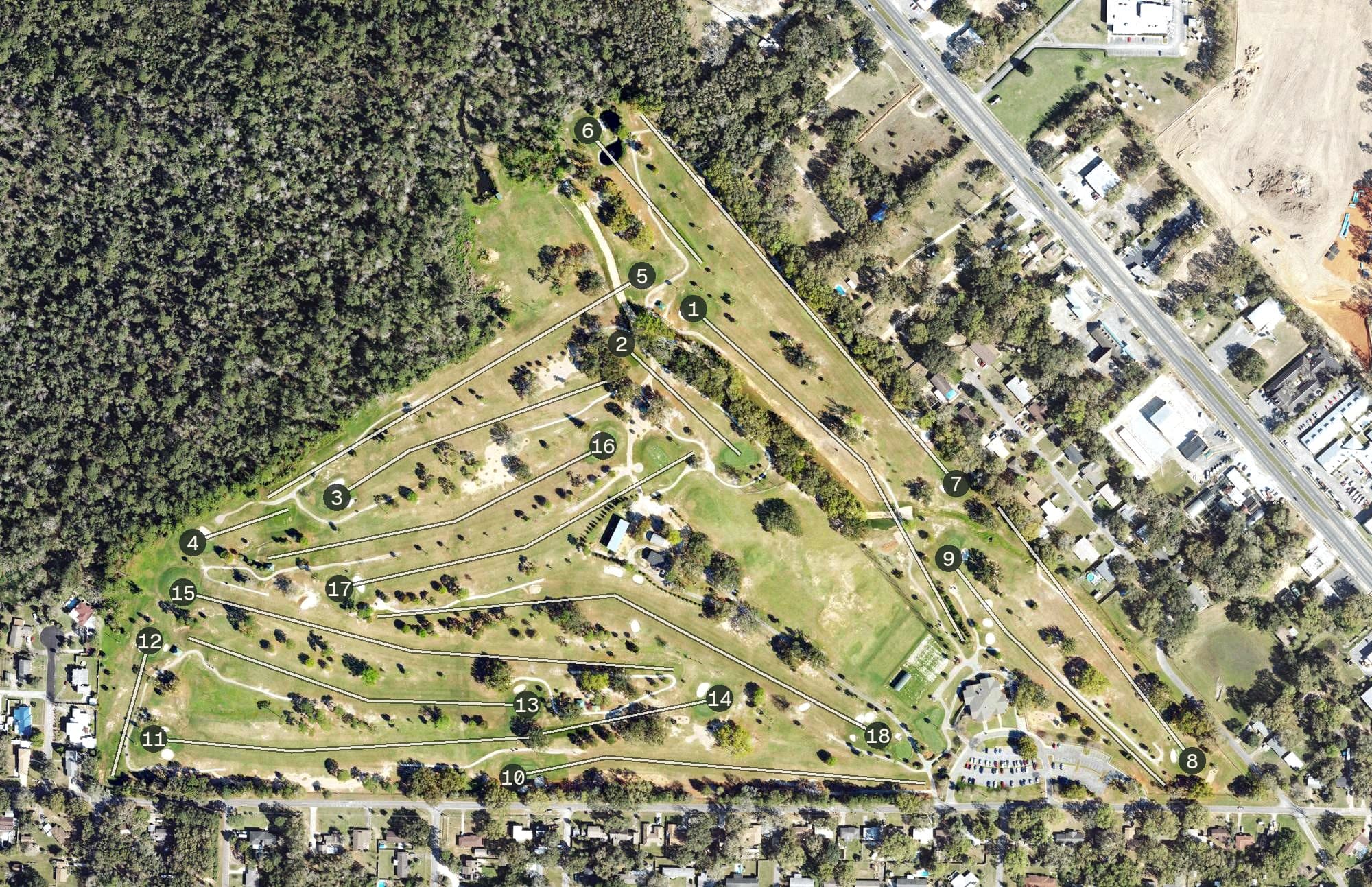 Aerial view of Osceola Municipal Golf Course, FL, with its hole routing marked