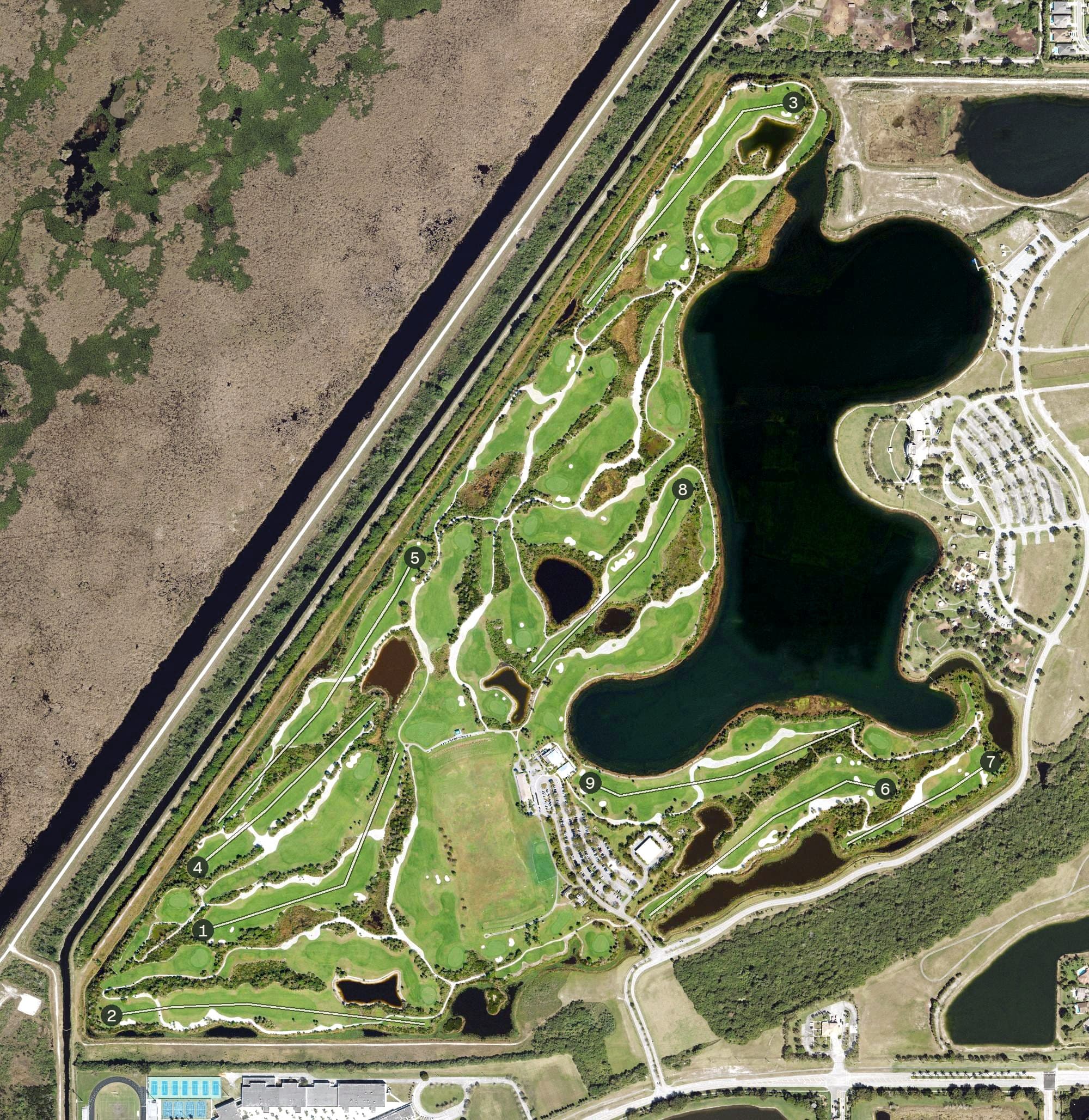 Aerial view of Osprey Point Public Golf Course, FL, with its hole routing marked