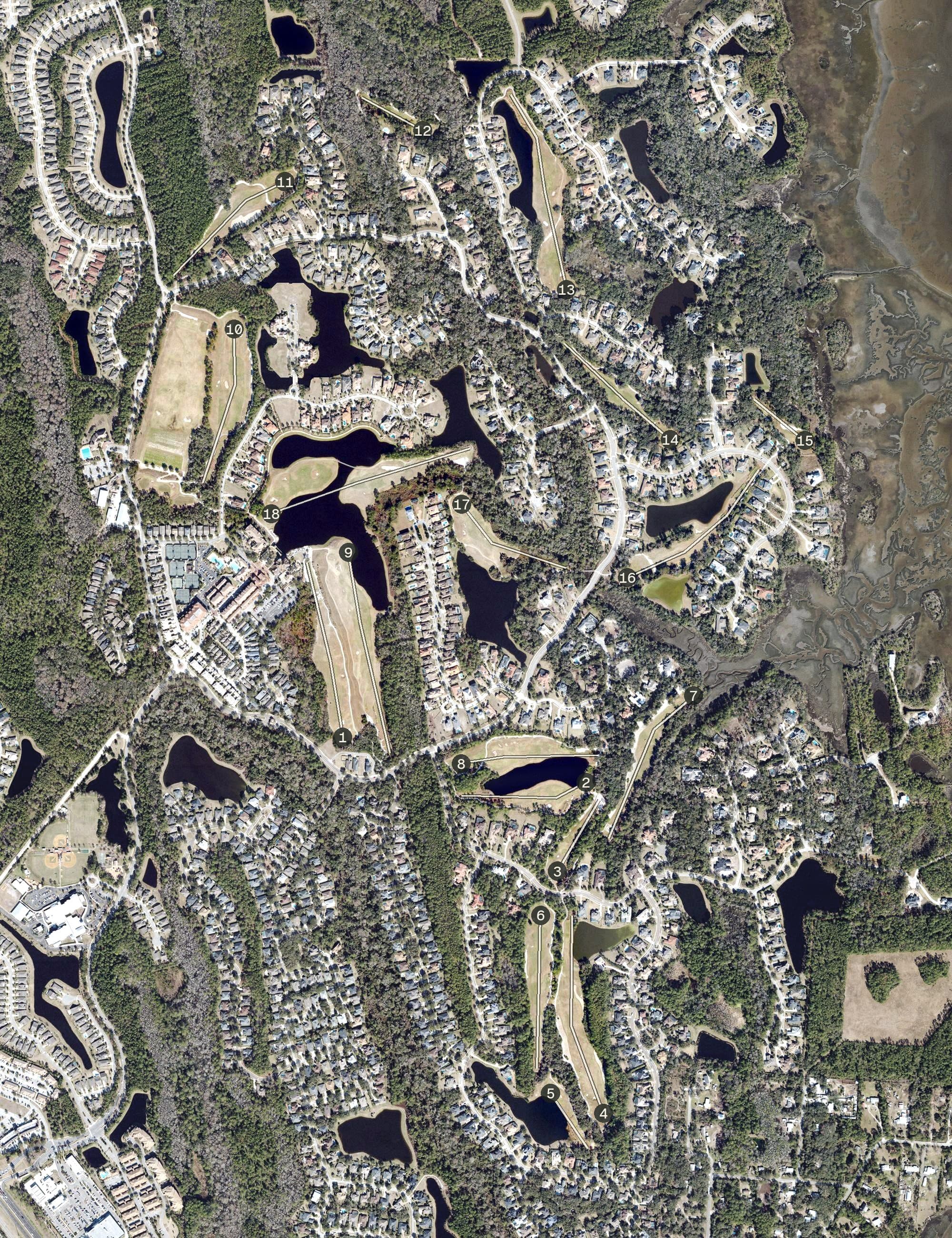 Aerial view of Palencia Golf Course, FL, with its hole routing marked