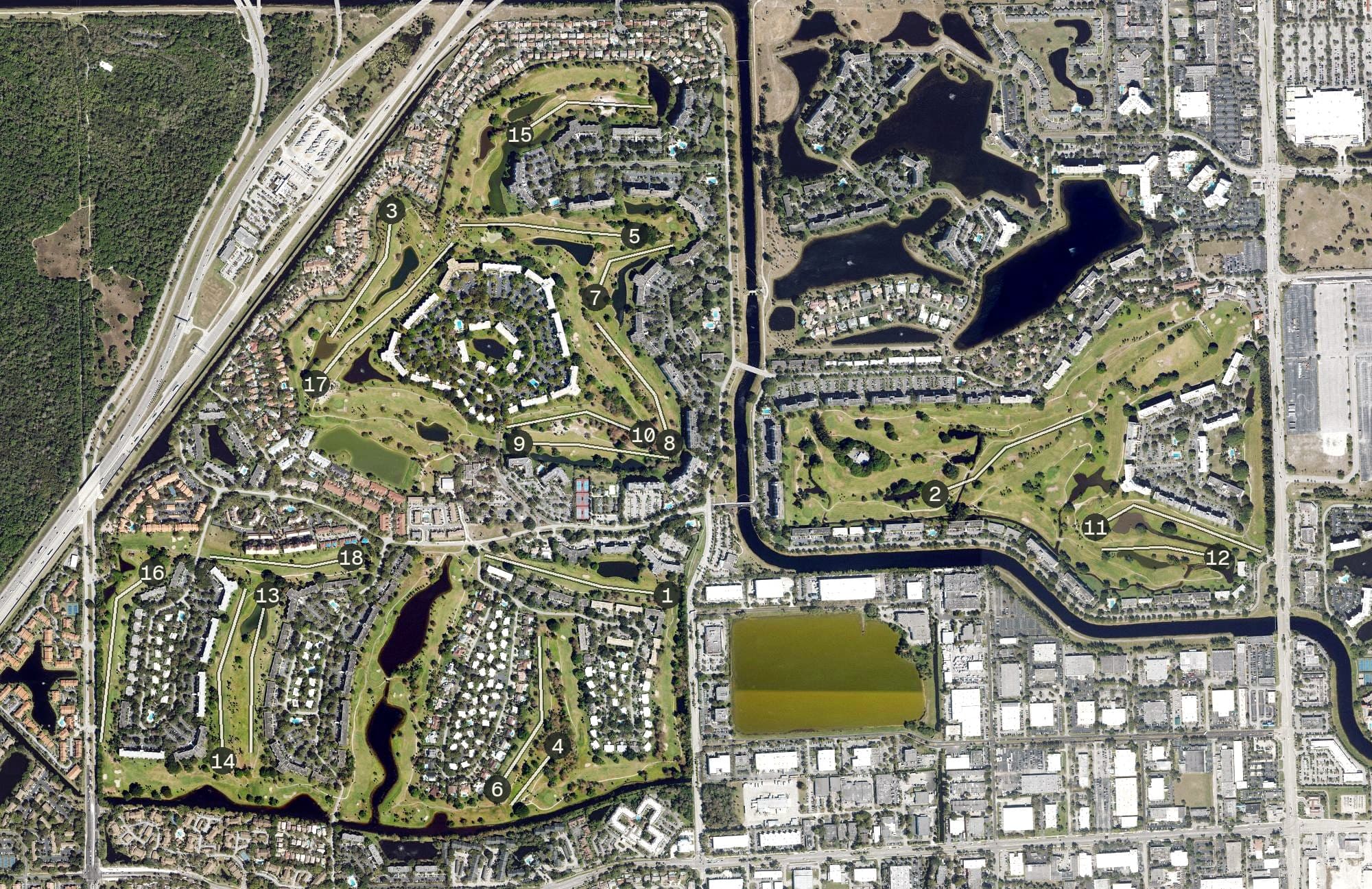 Aerial view of Palm Aire Country Club, FL, with its hole routing marked
