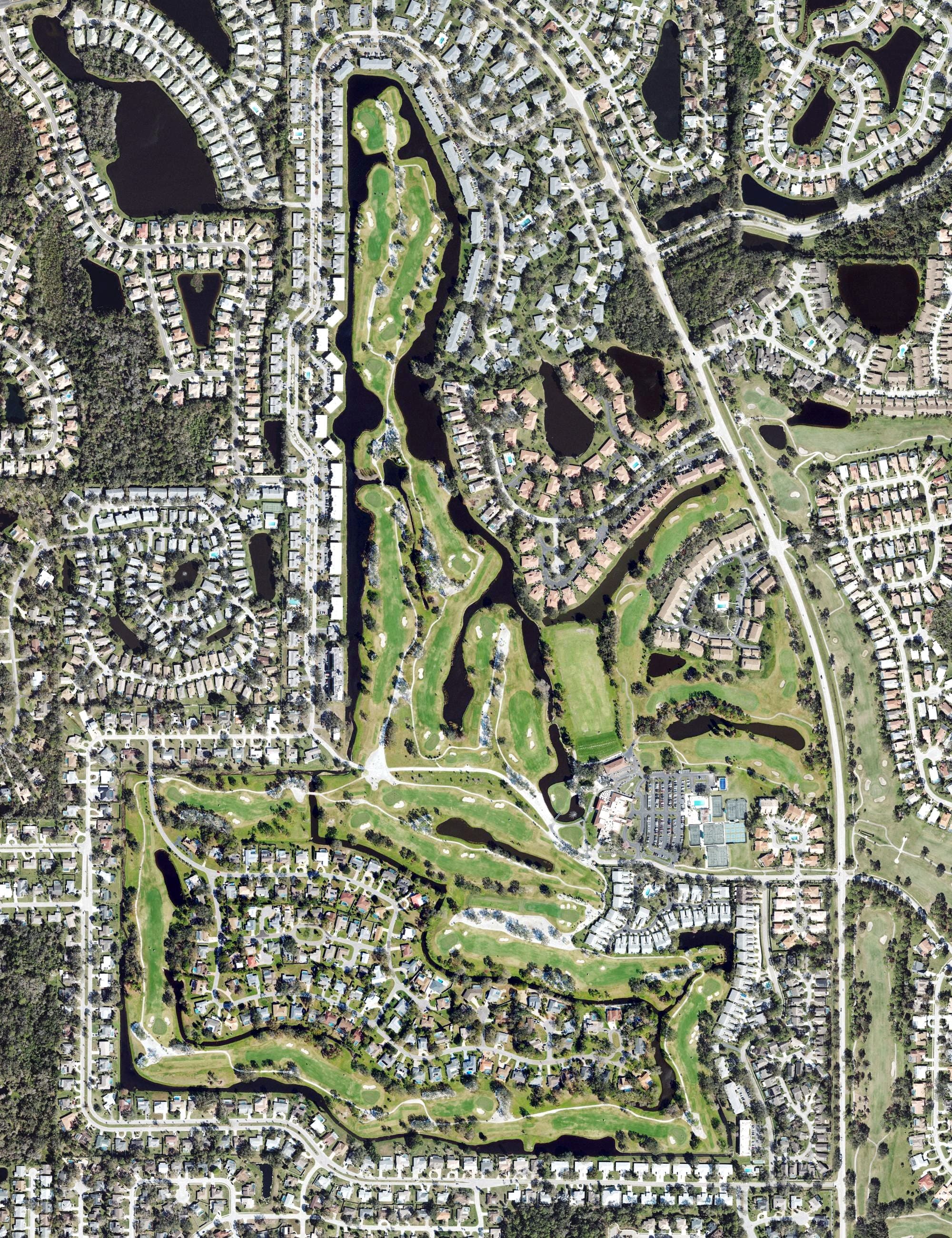 Aerial view of Palm Aire Country Club, FL, with its hole routing marked