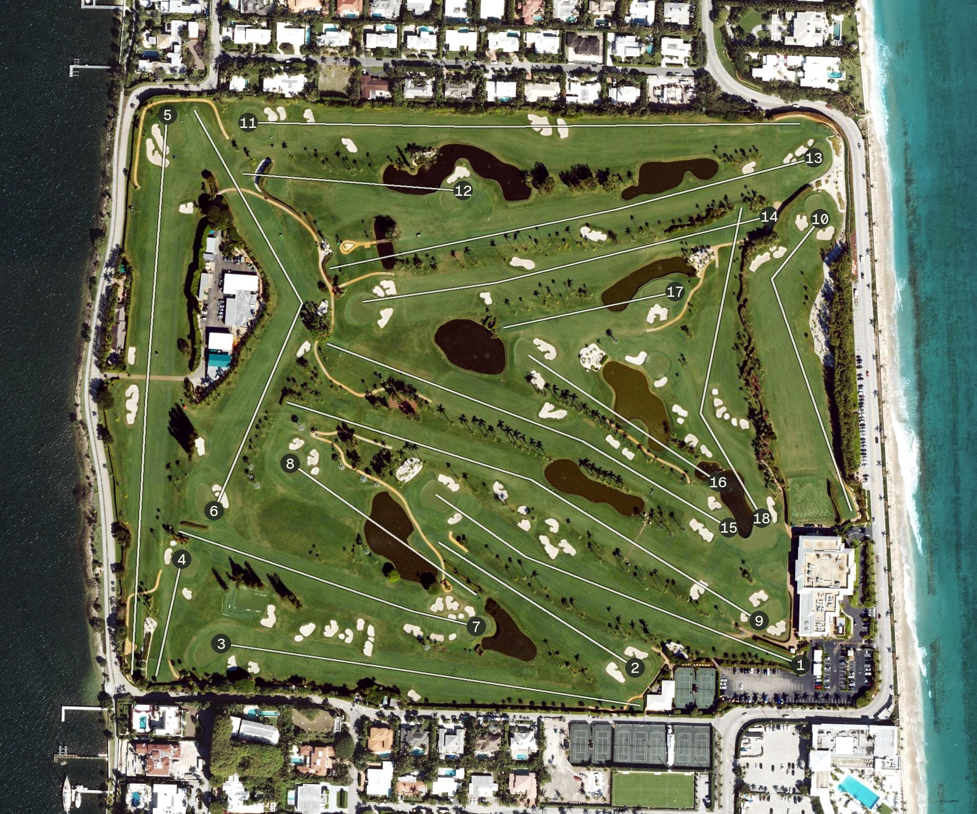 Aerial view of Palm Beach Club, FL, with its hole routing marked