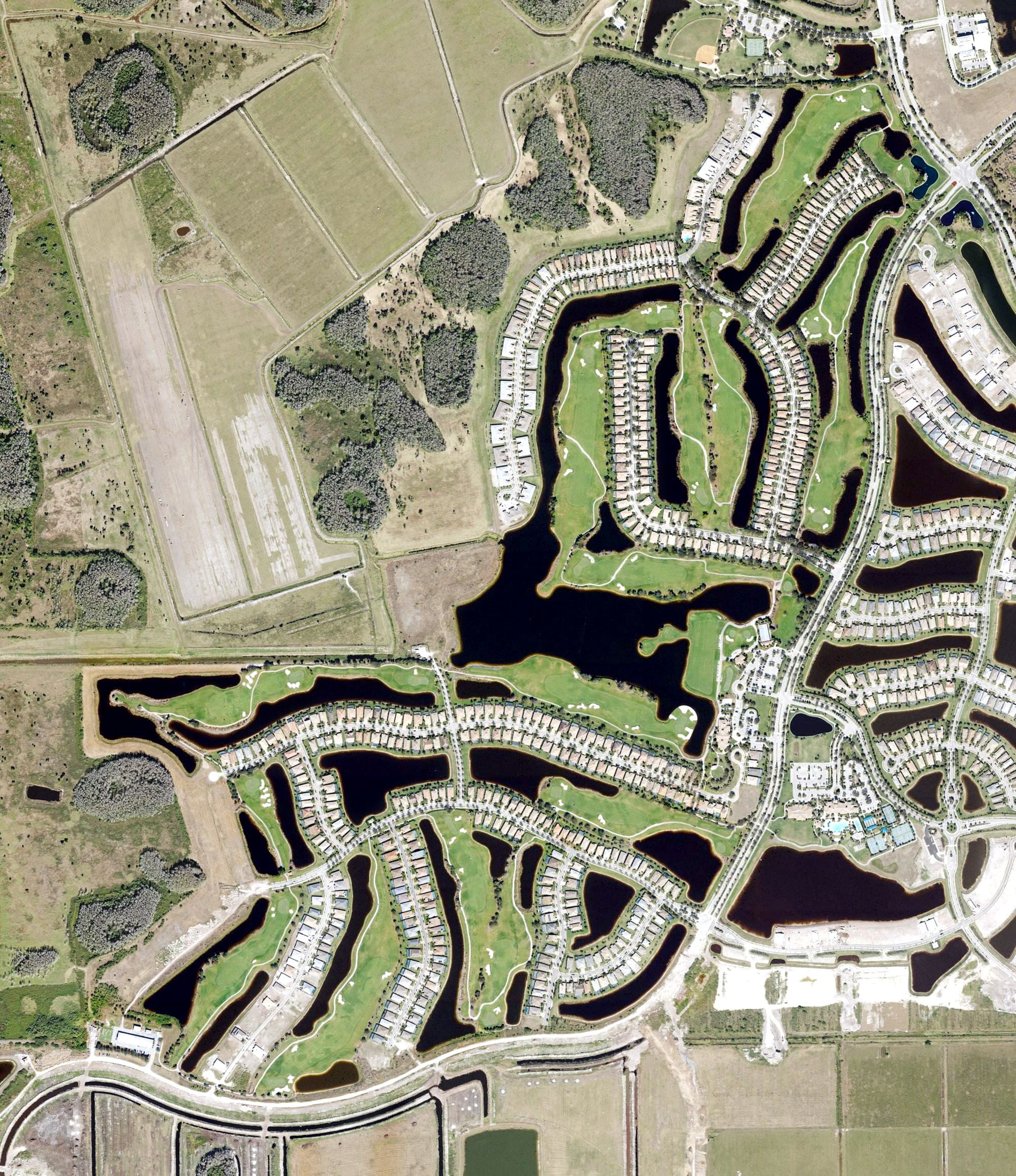 Aerial view of Panther Run Golf Club, FL, with its hole routing marked