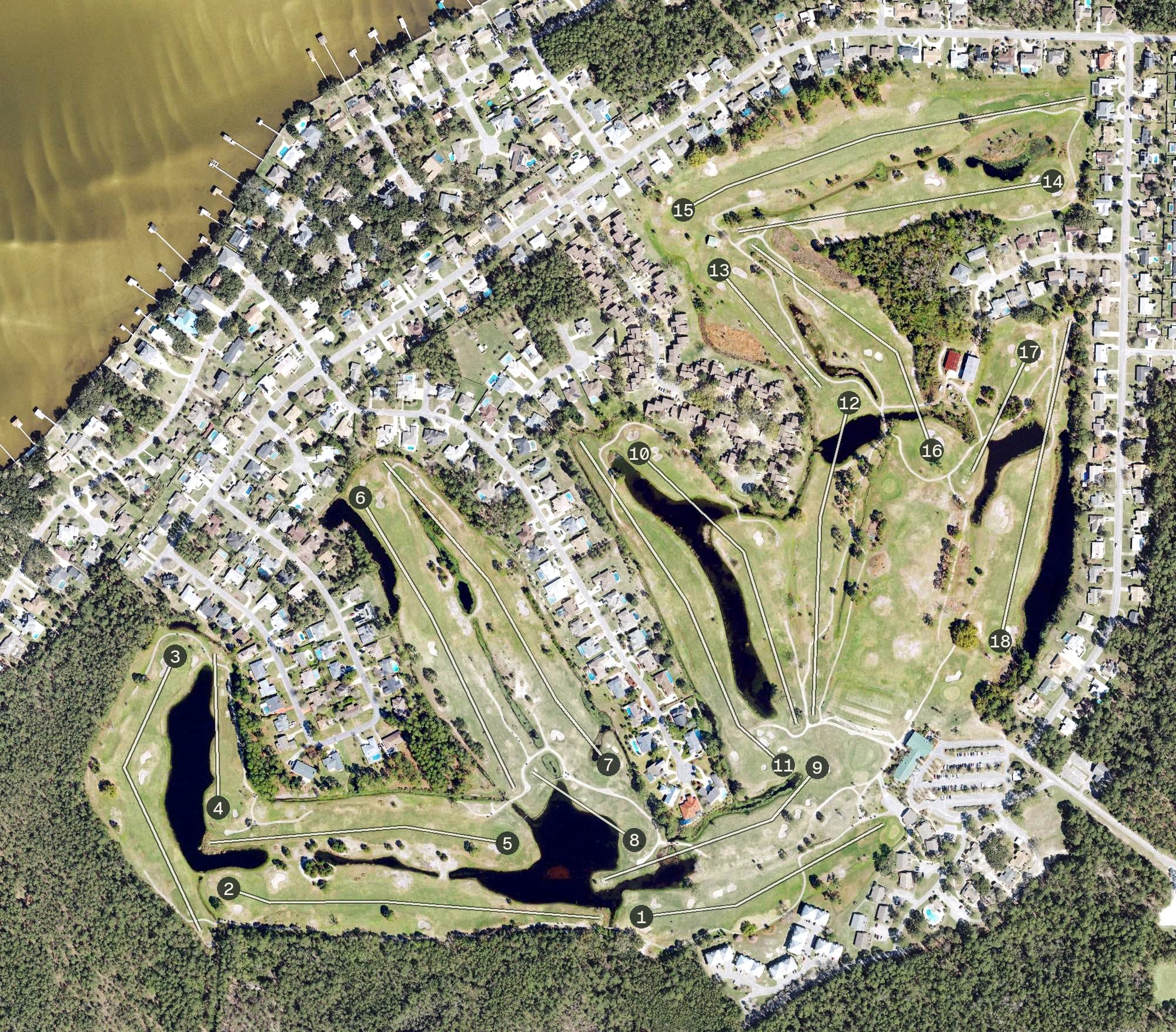 Aerial view of Perdido Bay Golf Course, FL, with its hole routing marked