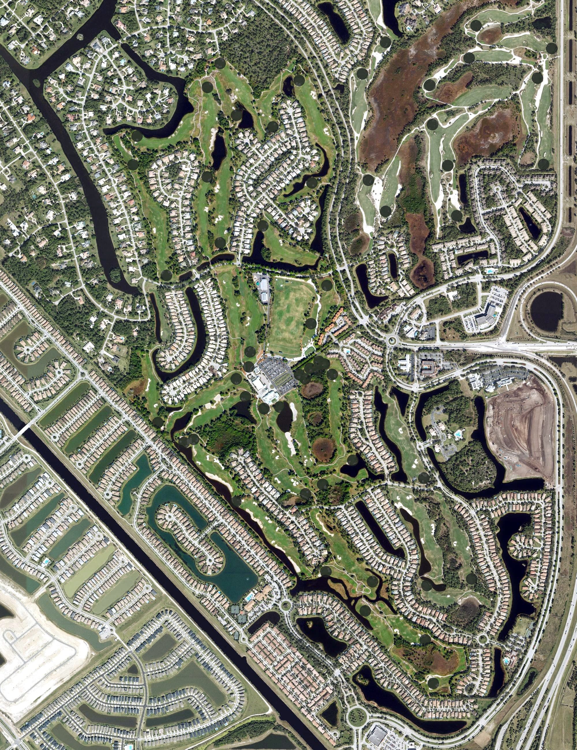 Aerial view of PGA Golf Club, FL, with its hole routing marked