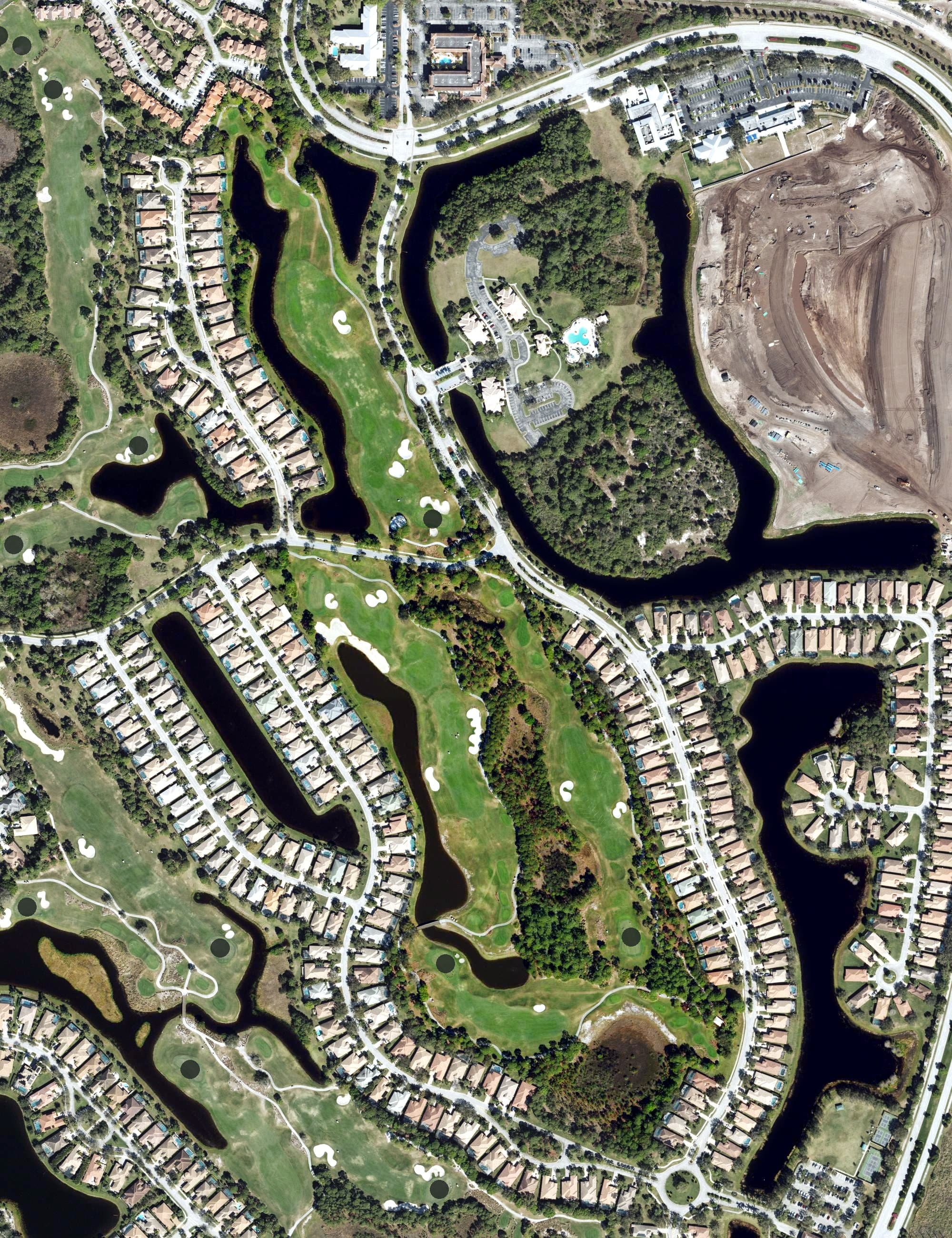 Aerial view of PGA Golf Club, FL, with its hole routing marked