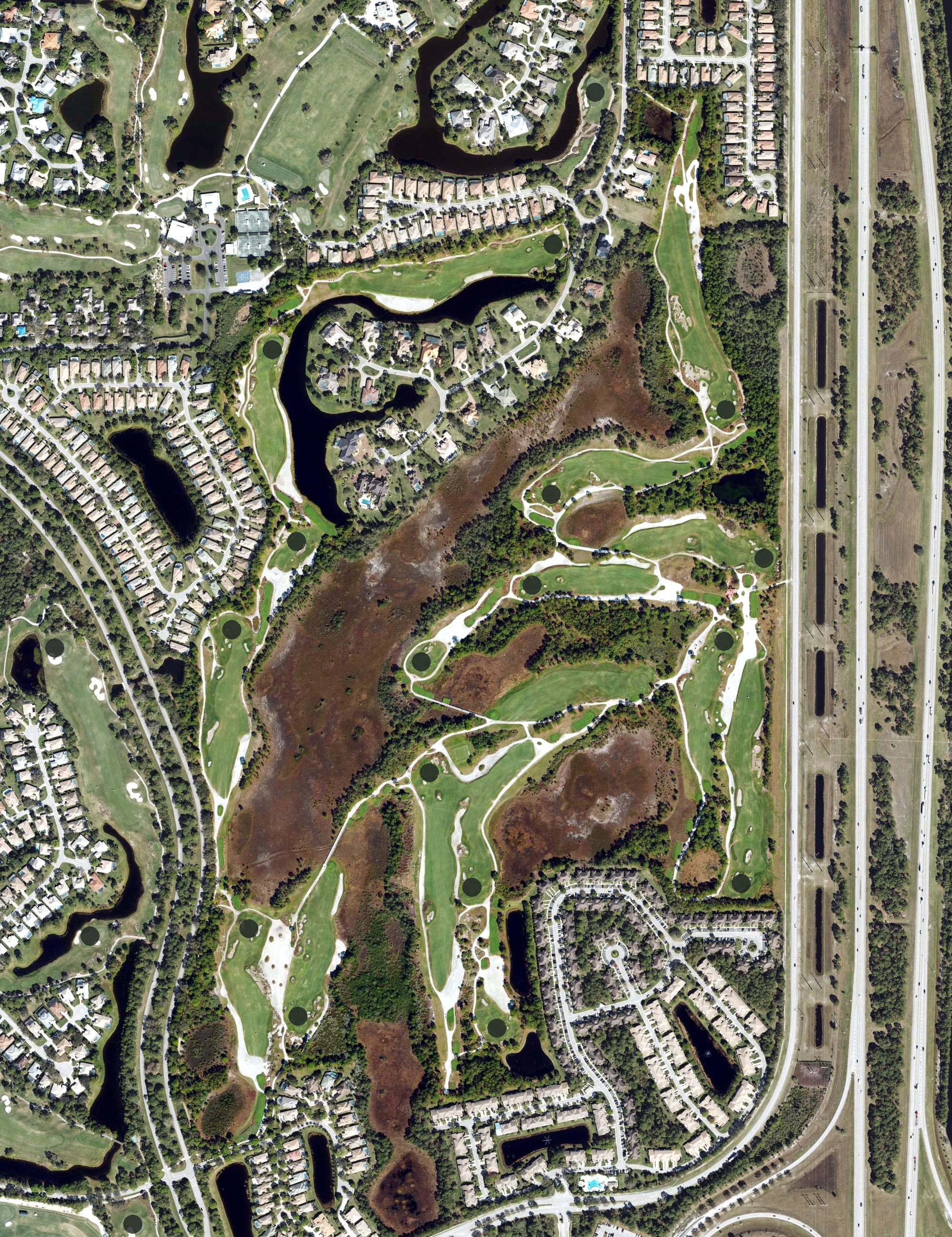 Aerial view of PGA Golf Club, FL, with its hole routing marked