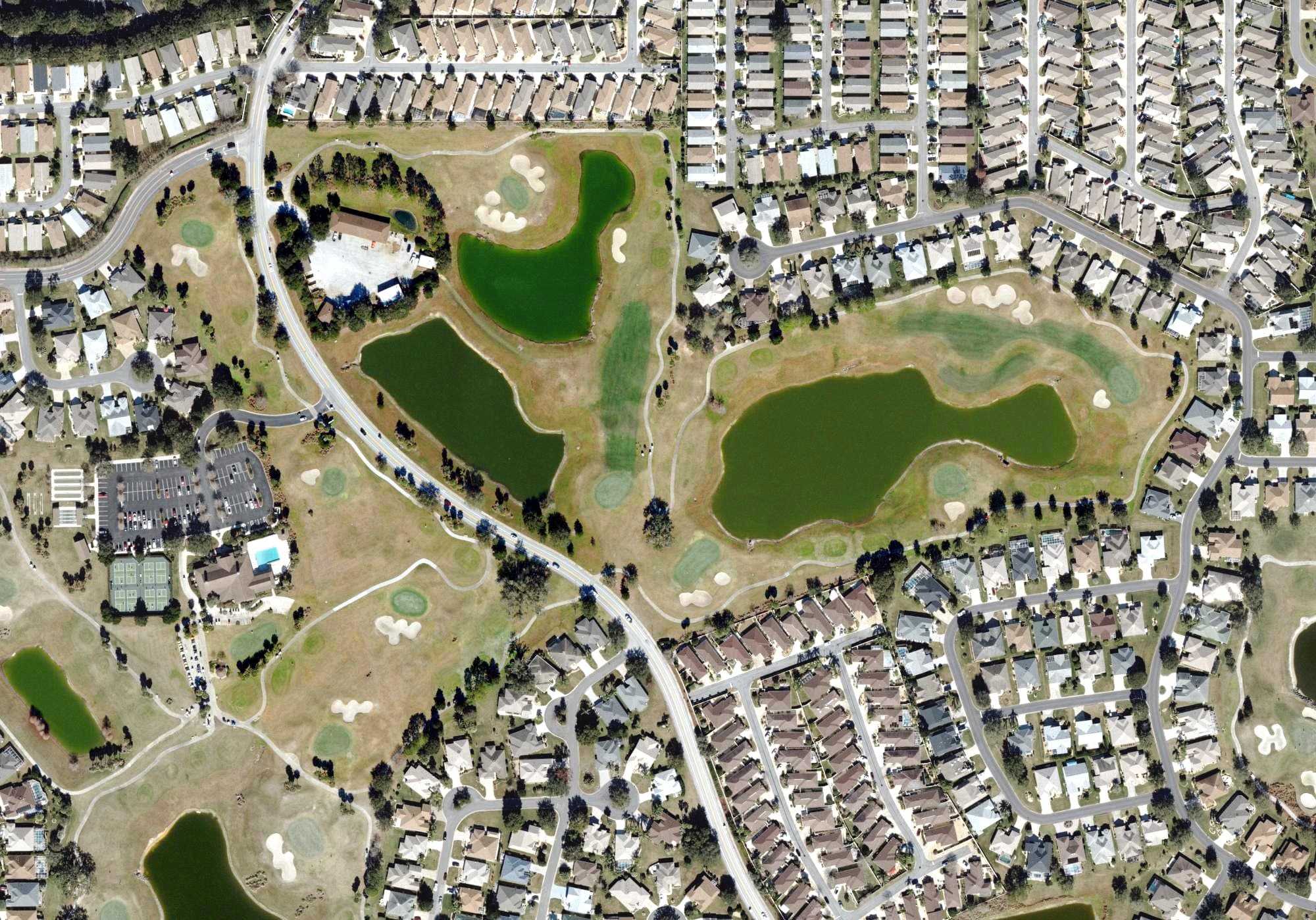 Aerial view of Pimlico Golf Course (The Villages), FL, with its hole routing marked
