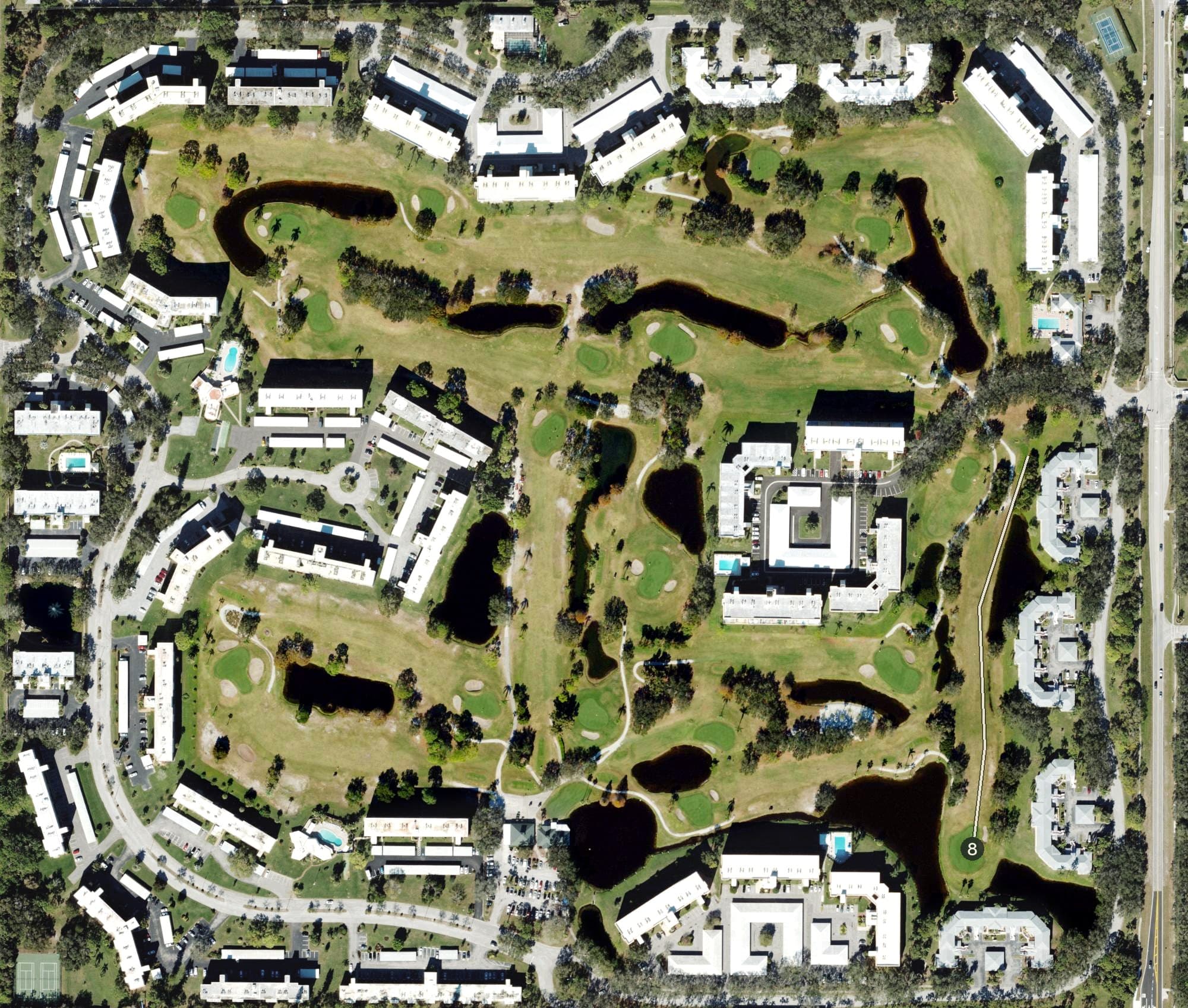 Aerial view of Pinebrook Ironwood Golf Club, FL, with its hole routing marked