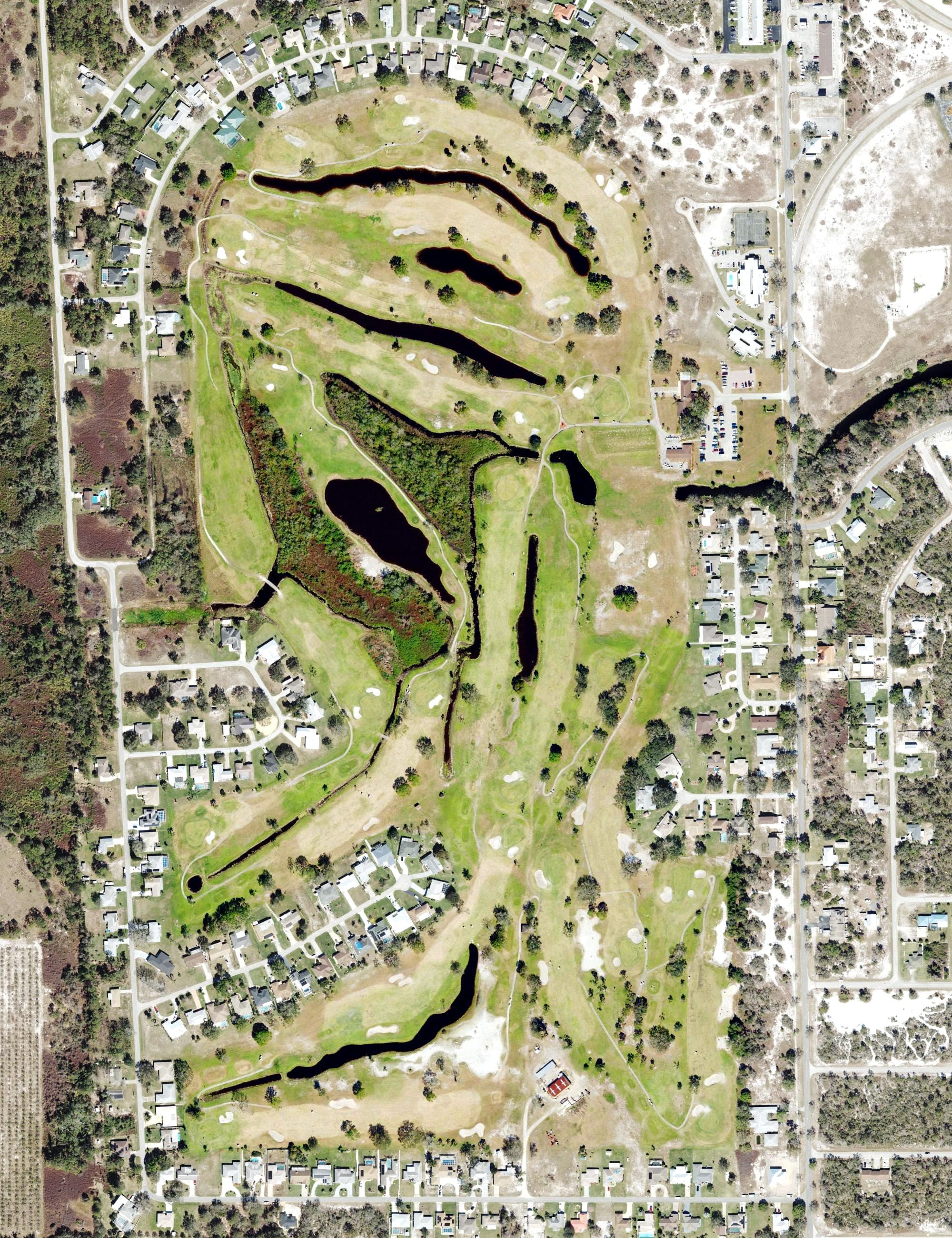 Aerial view of Placid Lakes Country Club, FL, with its hole routing marked