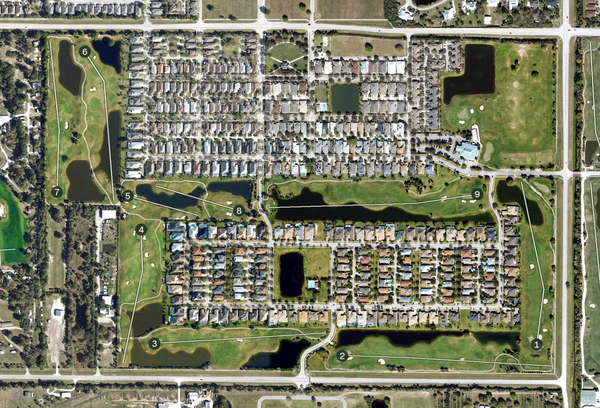 Aerial view of Pointe West Country Club, FL, with its hole routing marked