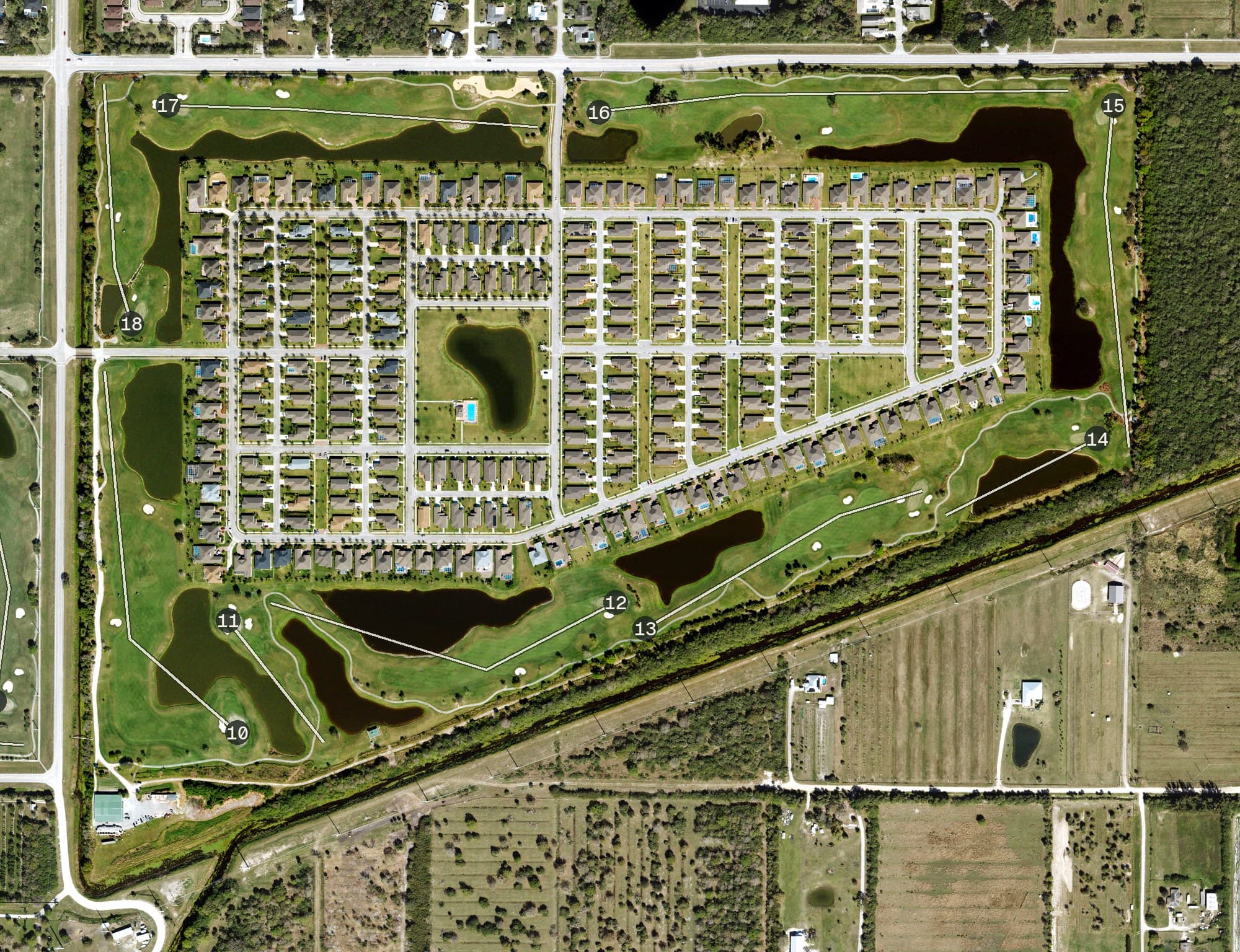 Aerial view of Pointe West Country Club, FL, with its hole routing marked