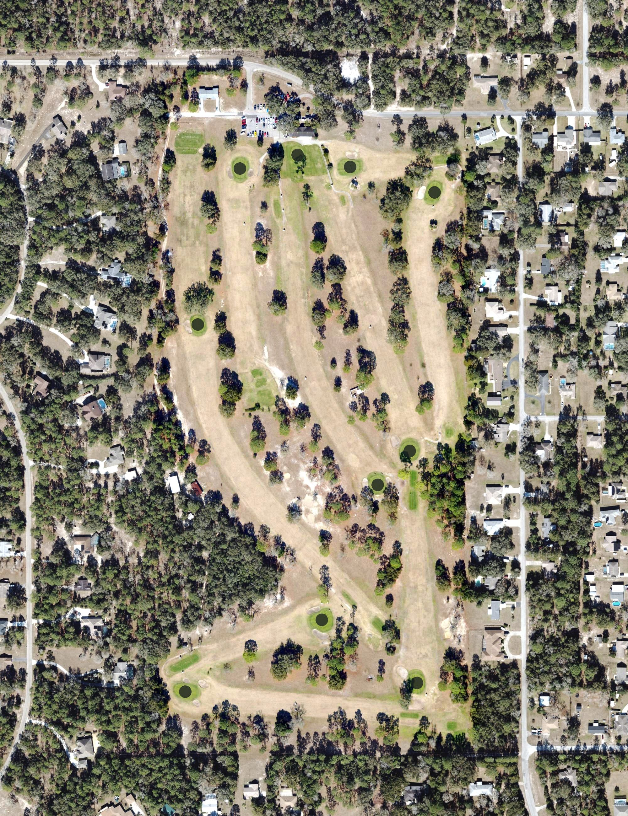 Aerial view of Rainbow's End Golf Club, FL, with its hole routing marked