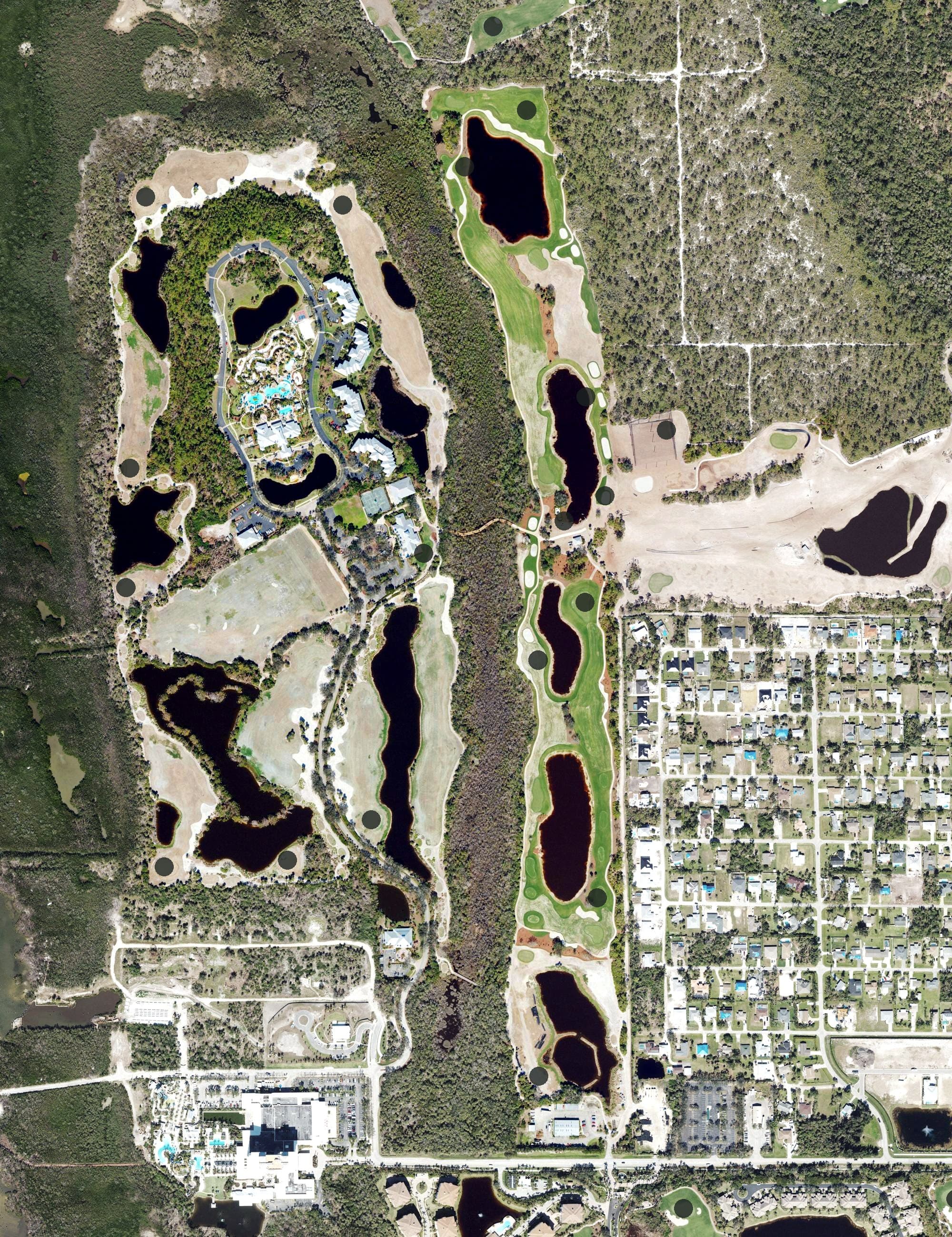 Aerial view of Raptor Bay Golf Club, FL, with its hole routing marked