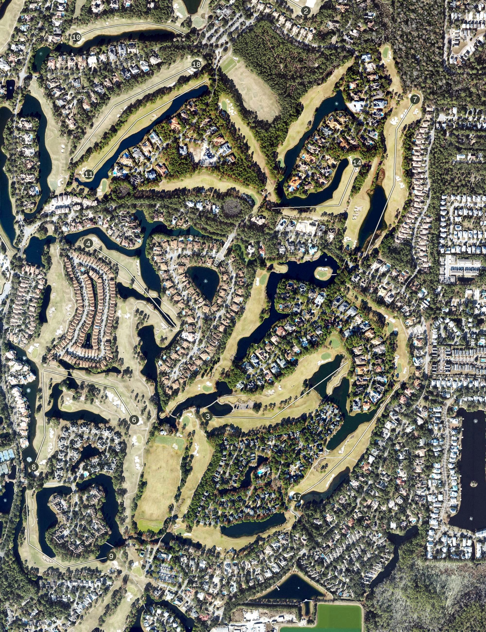 Aerial view of Raven Golf Club, FL, with its hole routing marked