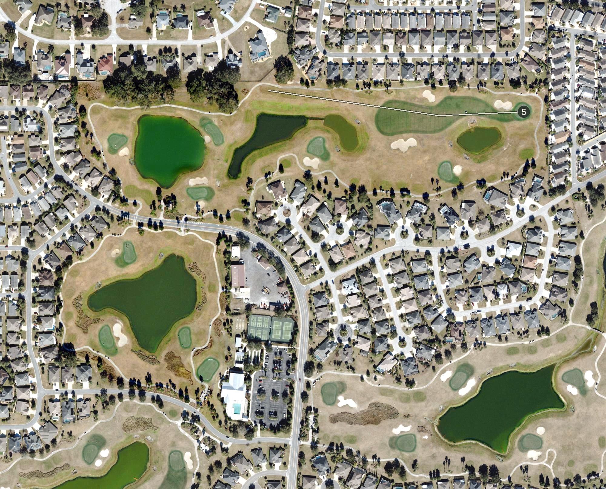 Aerial view of Redfish Run Golf Course (The Villages), FL, with its hole routing marked