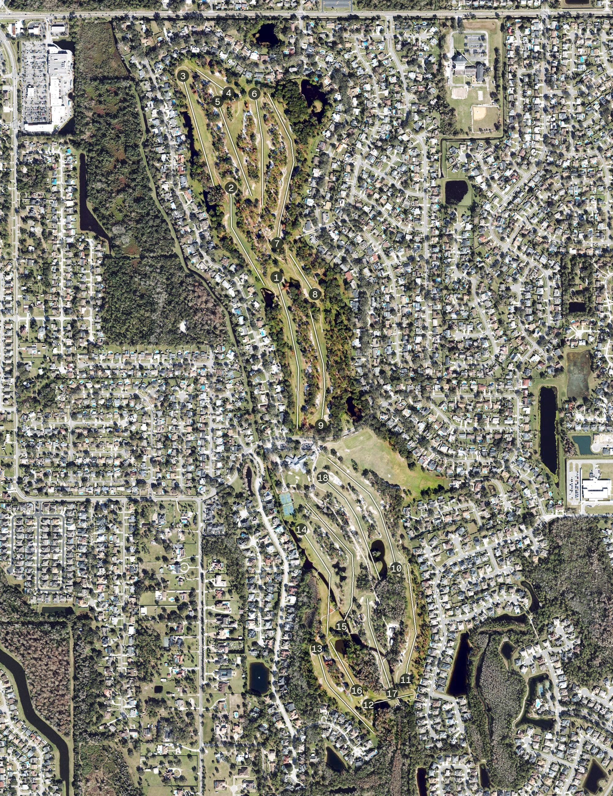 Aerial view of Rio Pinar Country Club, FL, with its hole routing marked