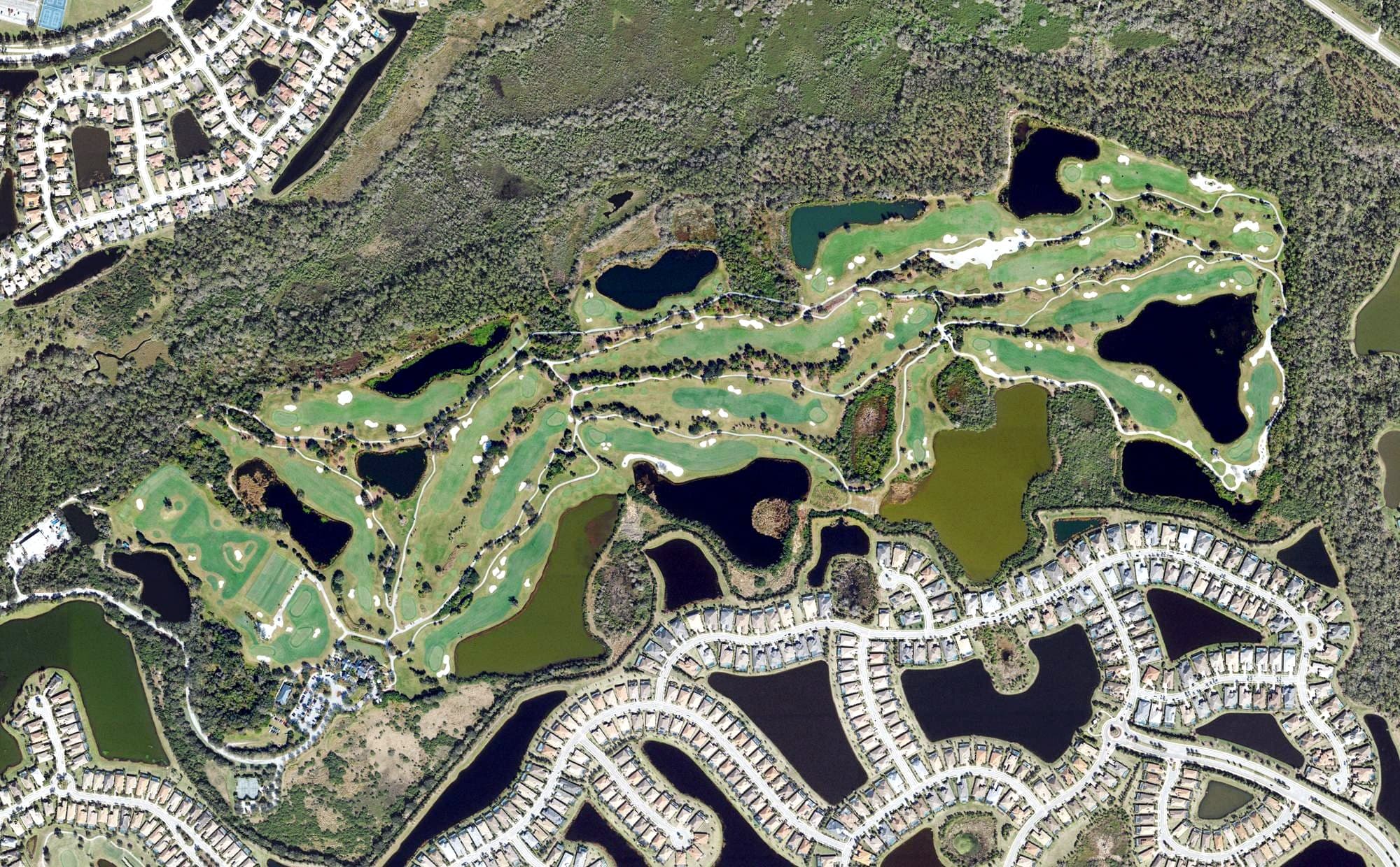 Aerial view of Ritz-Carlton Members Golf Club, FL, with its hole routing marked